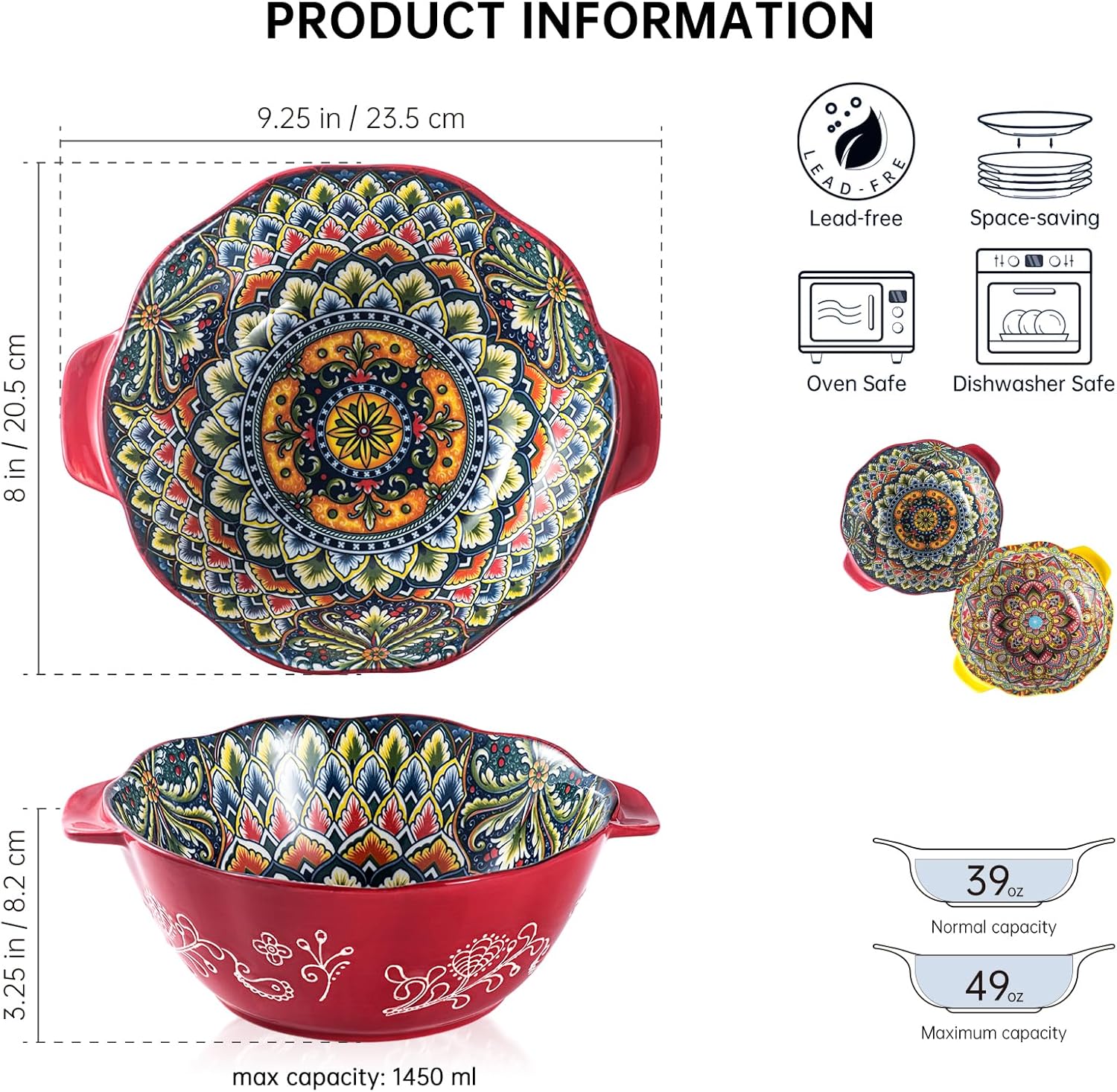 Henten Home Bohemia Large Bowls with Handle, 49 oz Ceramic Soup Bowl Set of 2, Porcelain Pho Bowl, Floral Noodle Bowls Set for Kitchen, Ramen, Udon, Microwave & Dishwasher Safe