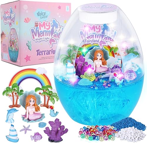 Kit de terrario de sirena para niñas, control de voz LED de noche, kit de terrario para niños, kit de bricolaje de arte de sirena y jardín de hadas,