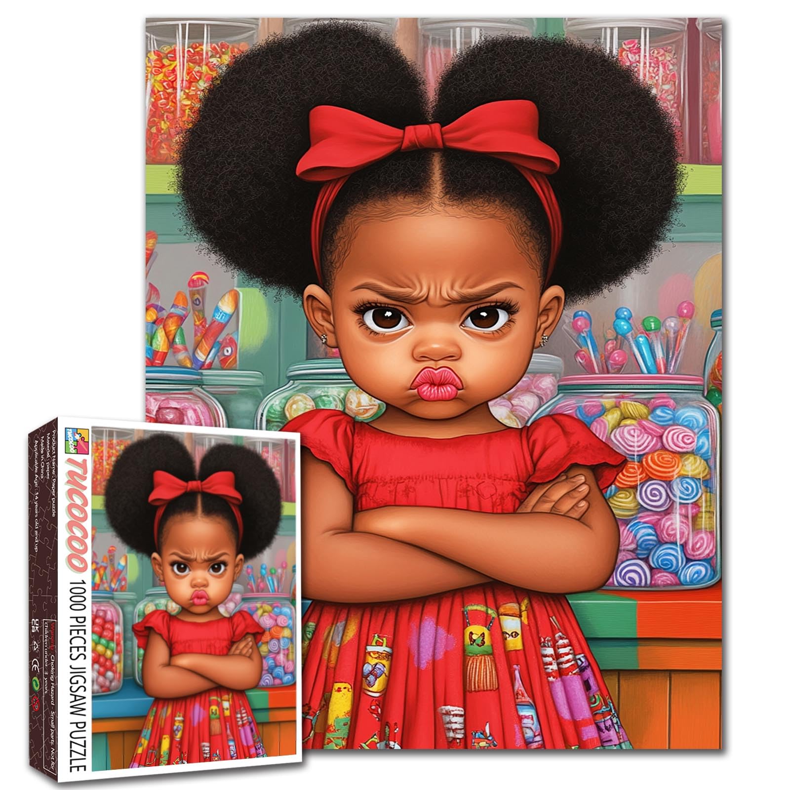 Tucocoo Pouty Little Afro Bun Girl 1000 Pieces Puzzle Colorful Candy Store Jigsaw Puzzle for Adults, African Girl Puzzles for Challenging Family Activity Games DIY Crafts Puzzle for Home Decor Gifts — image 1