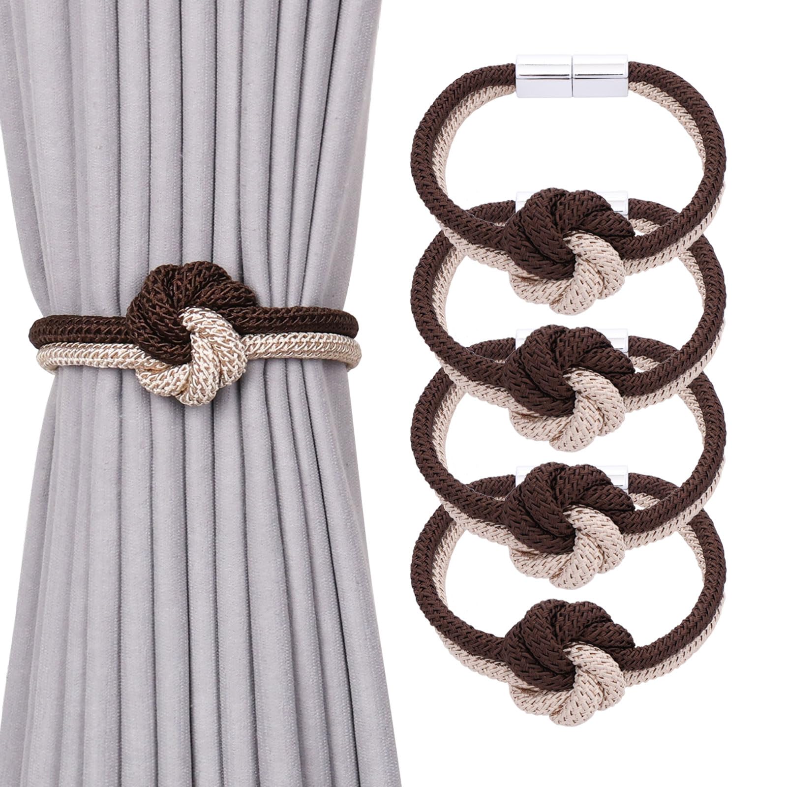 Pretty Jolly 4 Pack Cute Flower Knot Magnetic Curtain Tiebacks Nordic Style Drape Tie Backs Elegant Hand Weave Rope Decorative Curtain Holdbacks for Home & Office Window Drapery (Coffee & Beige)
