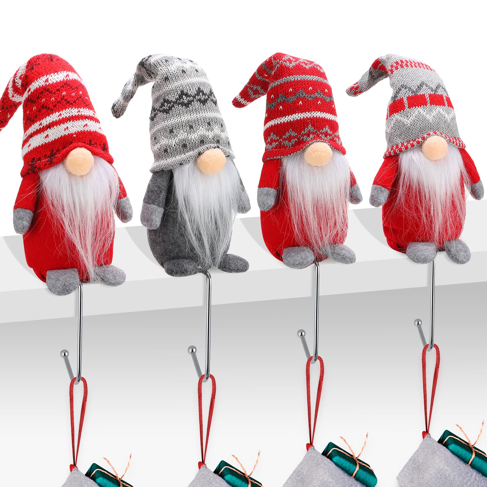 Yilloog 4 Pcs Gnomes Christmas Stocking Holders for Mantle,Christmas Stocking Holder Stand Xmas Hooks Hanger for Christmas Fireplace Decorations Party Gnome Decor(Elegant Style)