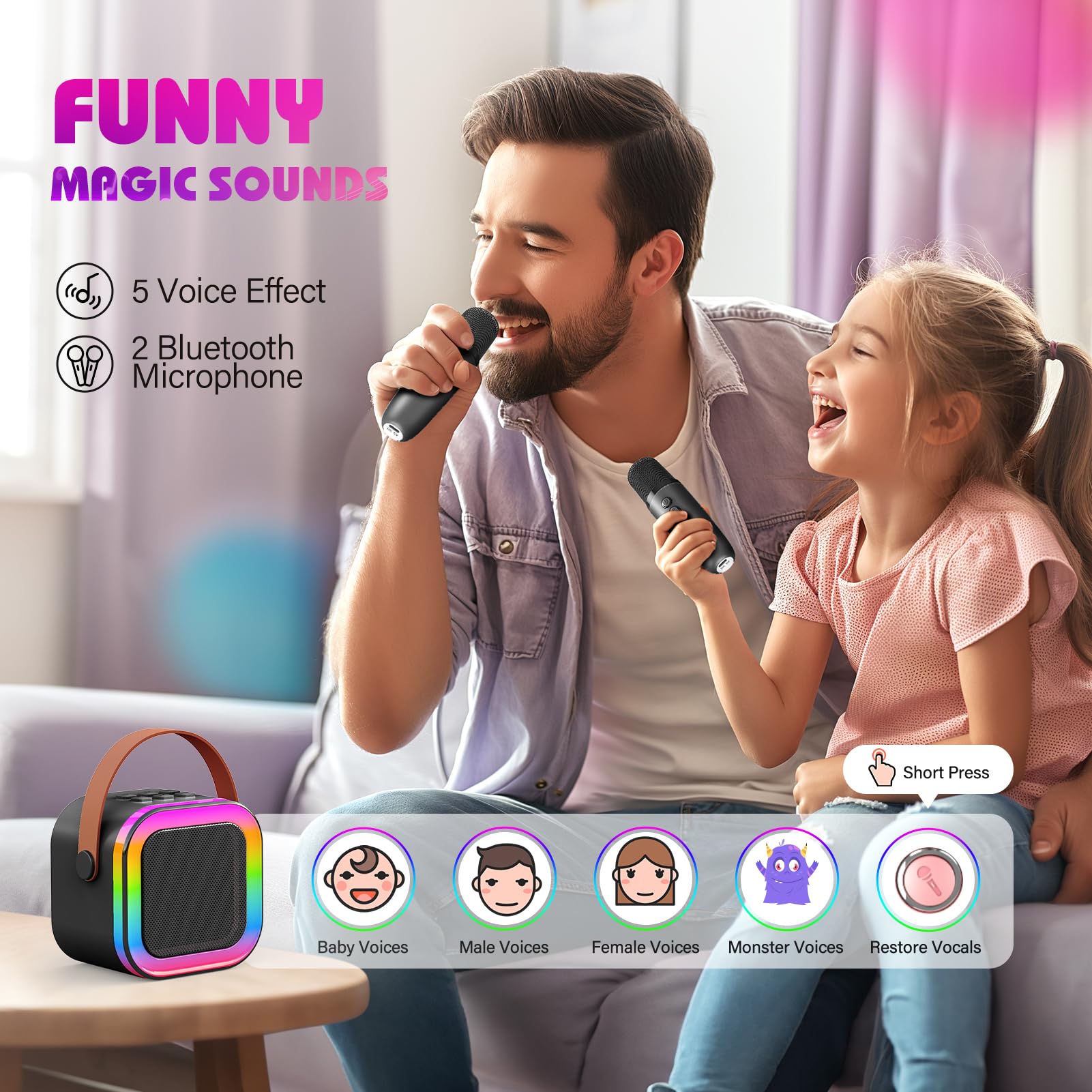 Dislocati Karaoke con 2 Microfono Karaoke Bluetooth, Regalo Natale Regalo Bambino 3-12 Anni Maschio Cassa Karaoke Portatili, Wireless con Effetti Luce per Cantare, Feste e Giochi