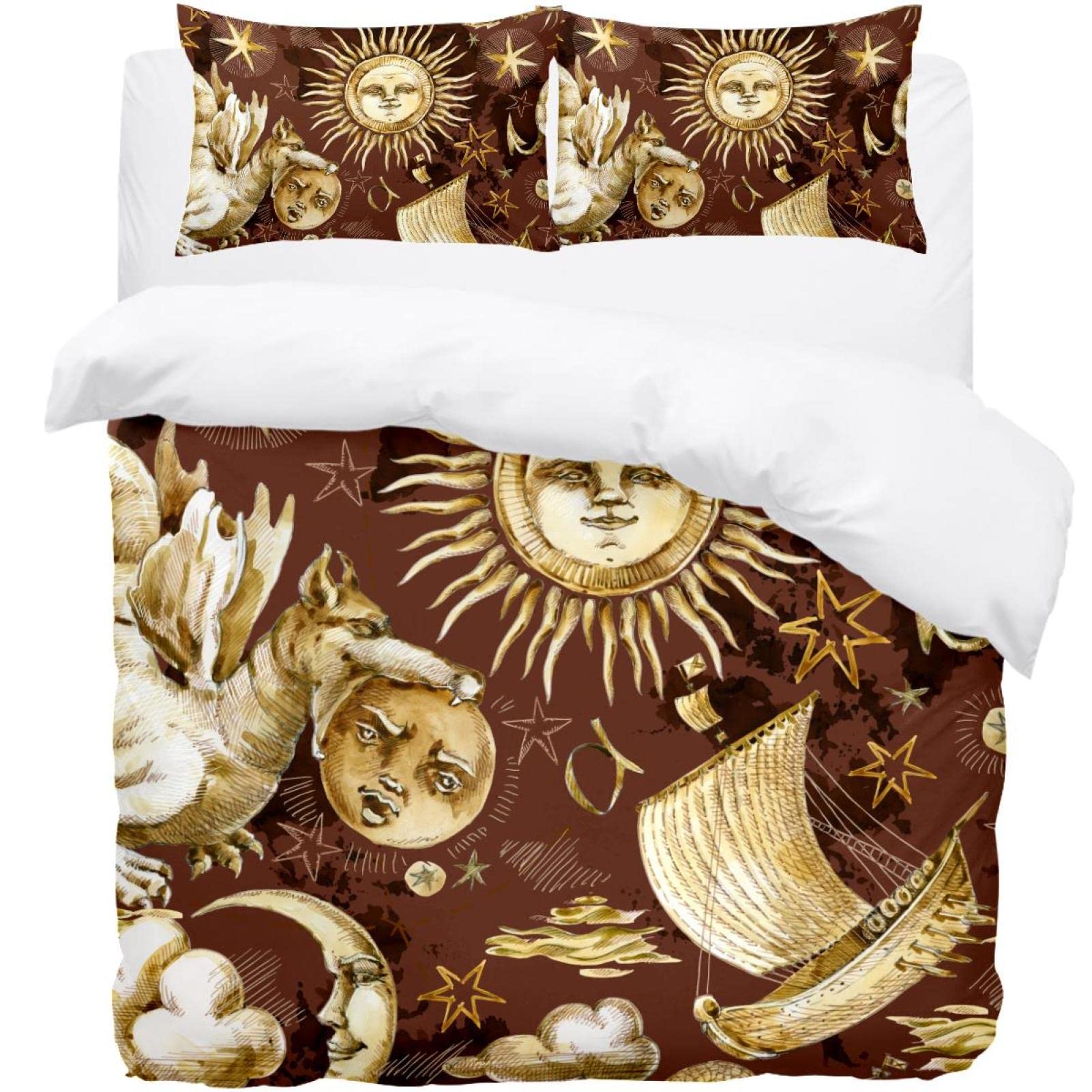 Parure de lit simple 3 pièces soleil et étoiles avec housse et taies d'oreiller