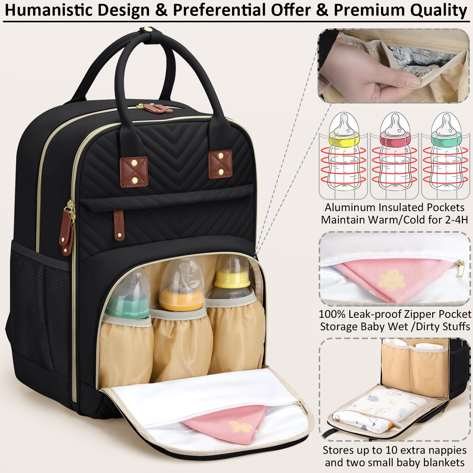 Bolsa de pañales para mujer, gran capacidad, bolsa de bebé con bolsillos aislados, bolsas de pañales multifuncionales