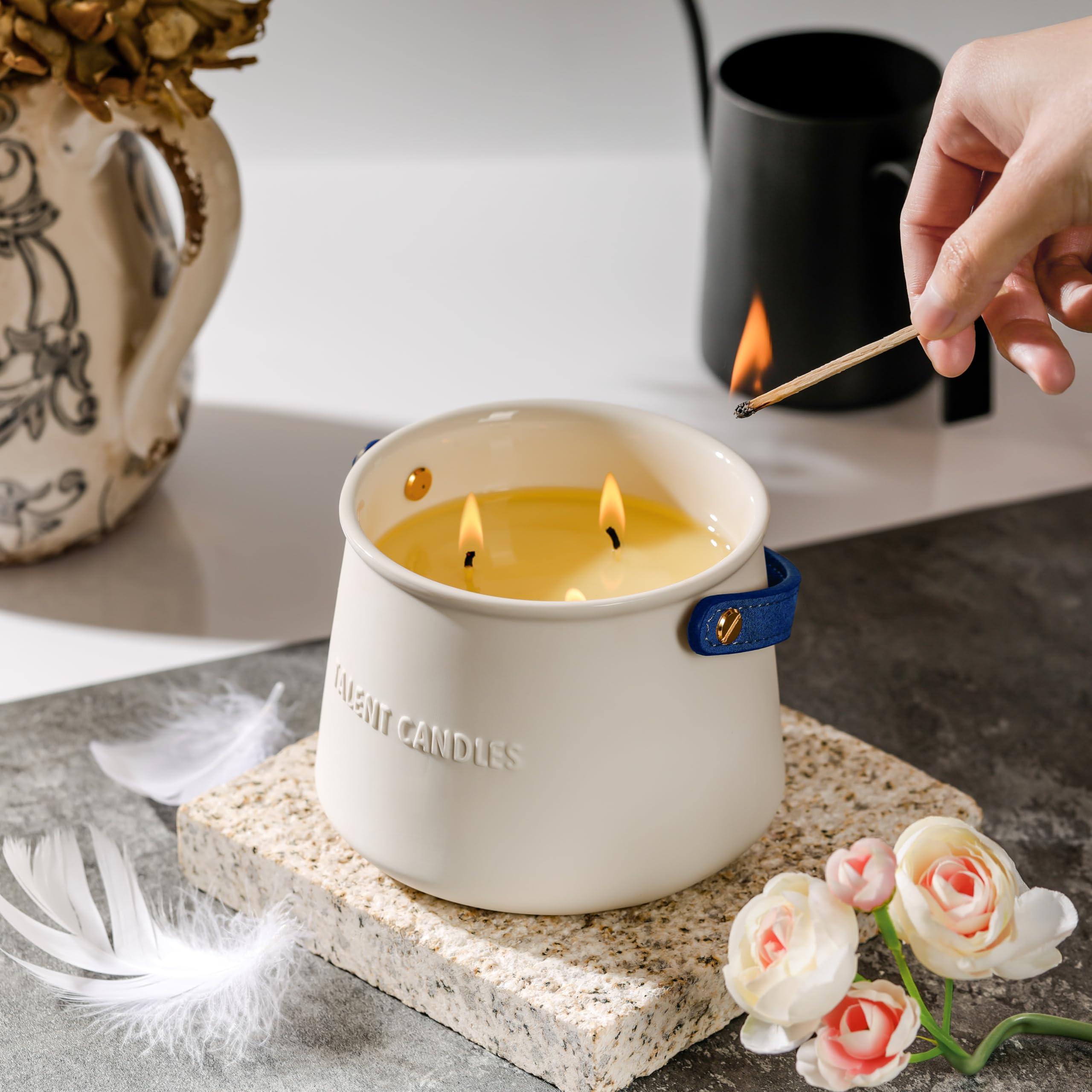 Bougie Aromathérapie Tasse en Céramique à Main 3 Noyaux Cire de Soja Cadeaux Hommes Femmes Nuit d'été