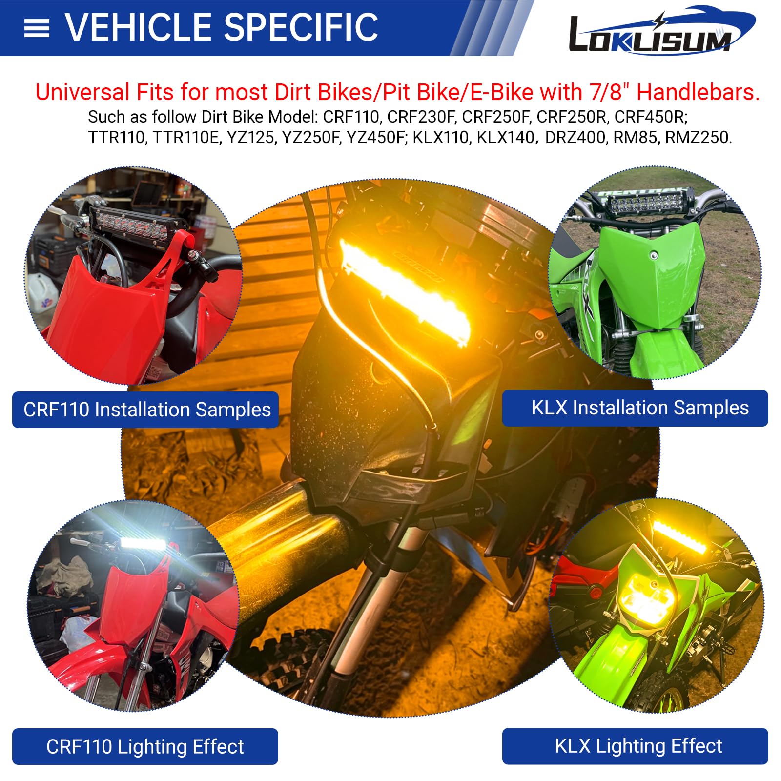 Barre Lumineuse pour Moto Tout-terrain 60 W 2500 lm avec Interrupteur, Lumière Blanche et Jaune pour Guidon de 22 mm, Compatible avec CRF110 KLX140 KLX110 TTR110 TTR110E KLX PW XR RM KX Motocross