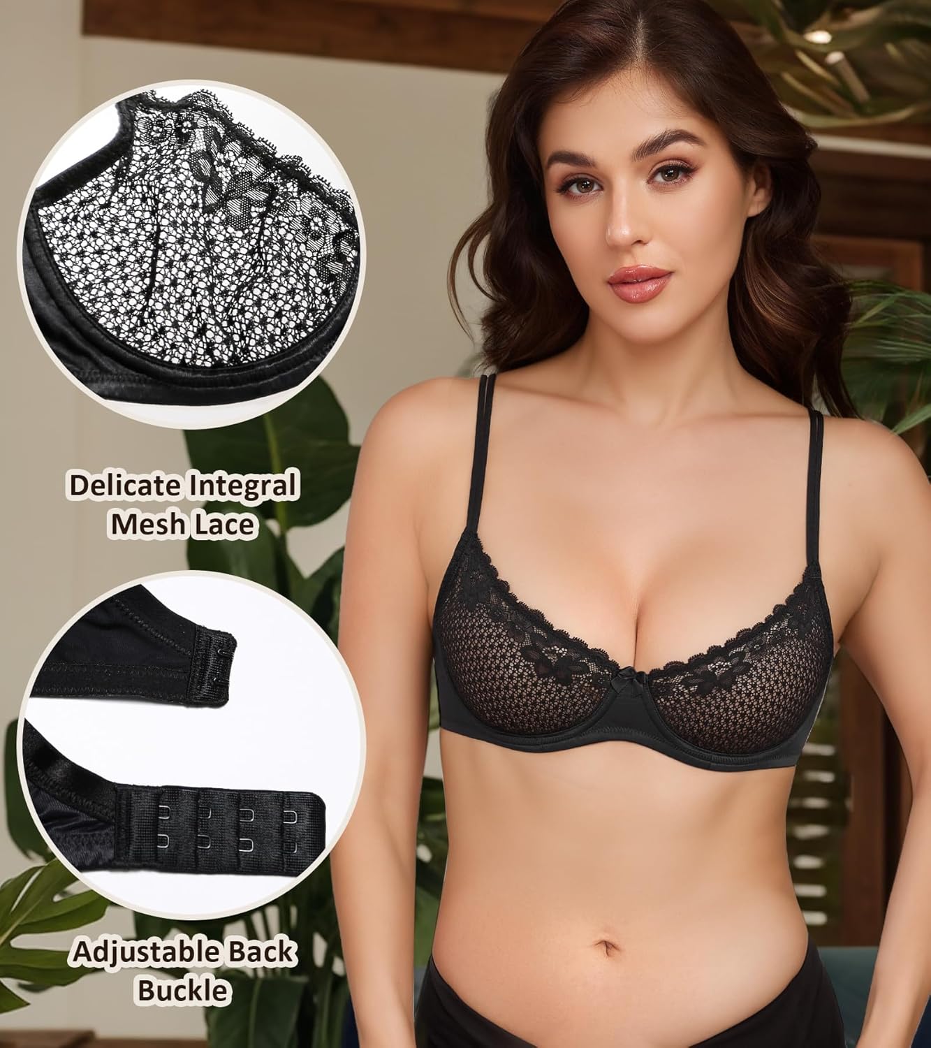 Lemorosy Women's Balconette Lace Bra Unlined Underwire Sexy Sheer Mesh See Through Bralette Unpadded Demi Balcony Brassiere - Image 6
