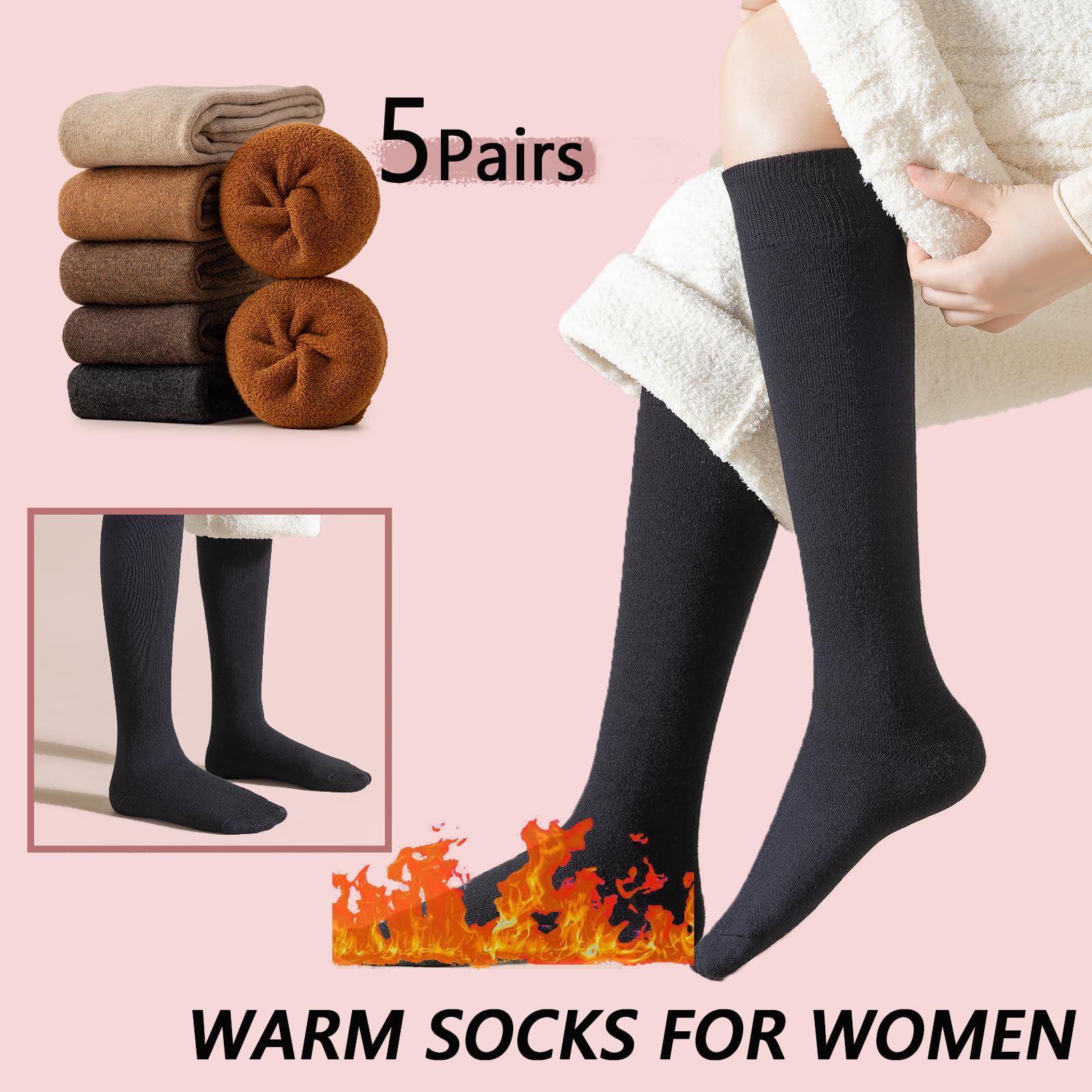 Calcetines hasta la rodilla para mujer, color negro, largos, gruesos, cálidos, para invierno, para senderismo, trabajo