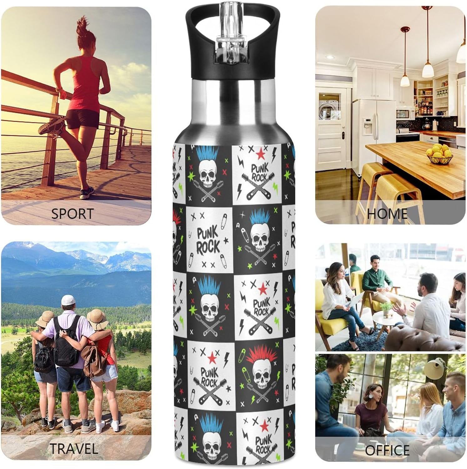 Water Bottle with Straw Stainless Steel, Music Punk Rock Skull Hot Cold Insulated Sports Water Bottle for Cycling Hiking School Yoga Gym, Leak Proof Lid