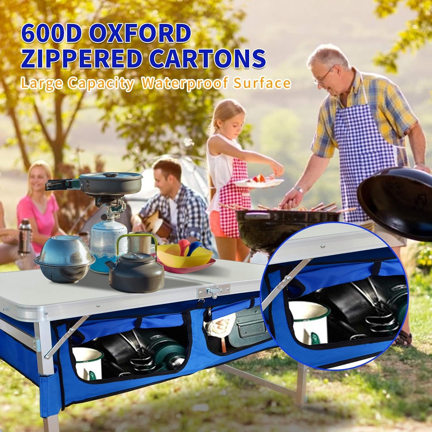 Folding Camping Table with Storage - Portable Outdoor Aluminum Picnic Tables with Organizer and 2 Chairs, 3 Adjustable Heights, Lightweight Dining Table for Camp Beach Party BBQ : Sports & Outdoors