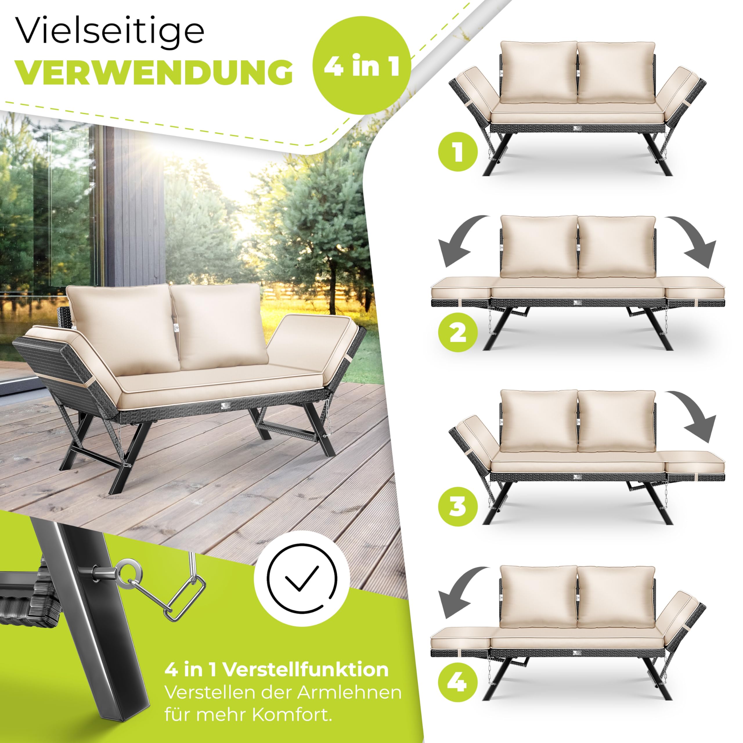 KESSER® Panchina da giardino in polyrattan Luna con funzione sdraiata, divano da giardino 4 in 1, con funzione di regolazione 4 in 1, resistente alle intemperie, braccioli regolabili, extra spessore e