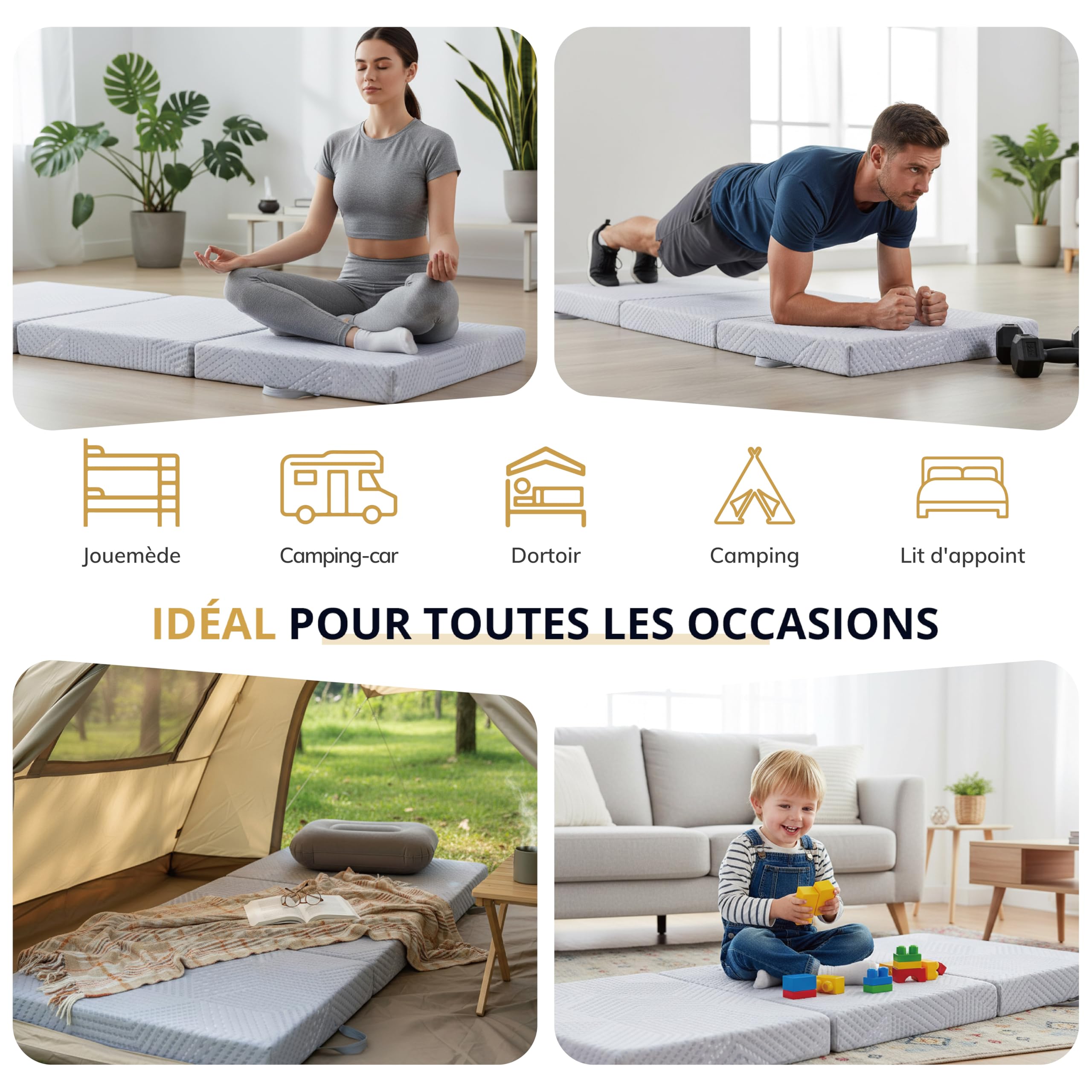 EGO HOME Składany materac, 75 x 195 cm, wysokość 10 cm, składany materac dla gości, stopień twardości H3, 3-częściowy materac piankowy Visco z żelu, na podróż, kemping, podłogę, łóżko dla gości