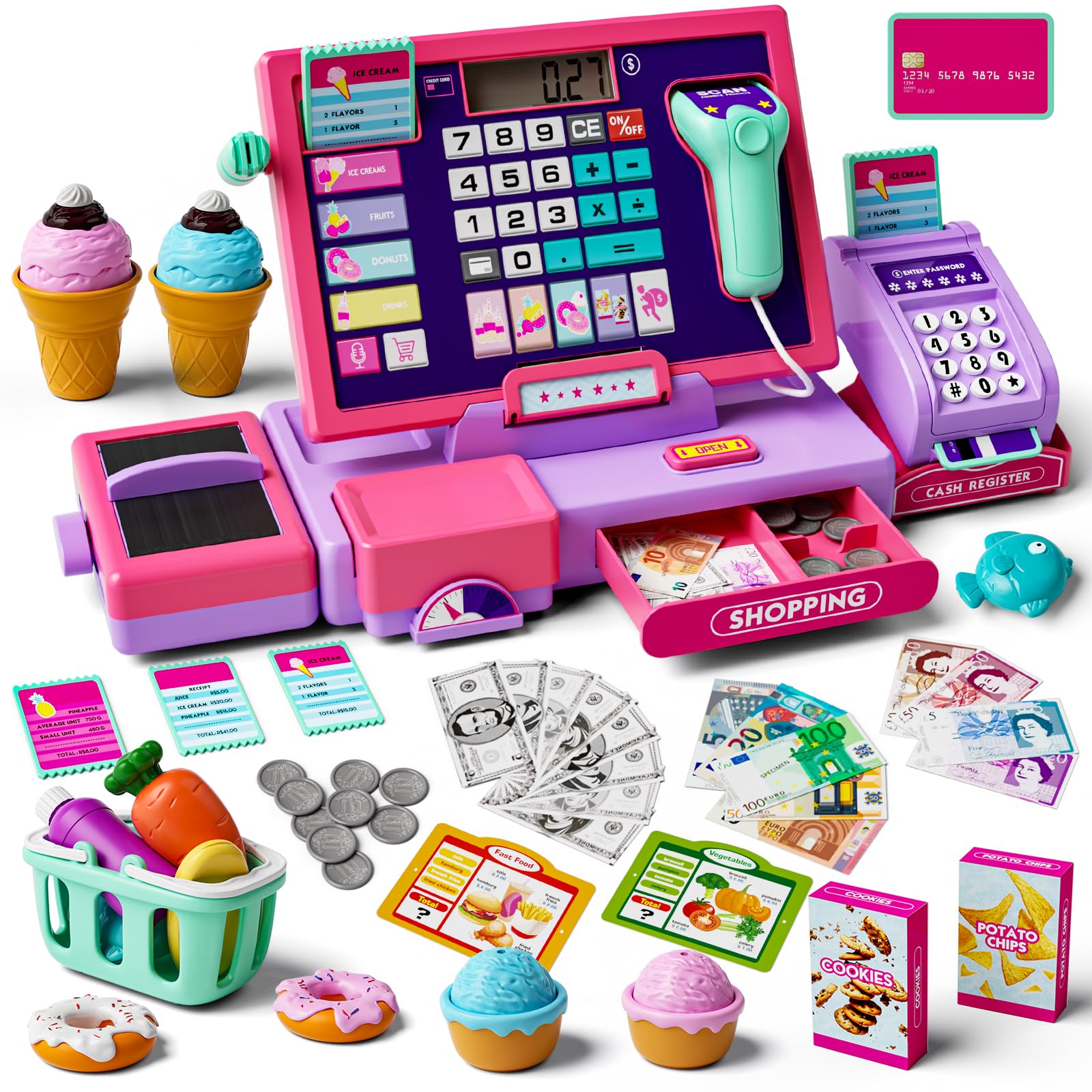 maysida Kids Cash Register Toy Playset, Toddler Prentend Play Store with Real Calculator Cash Register with Scanner/Credit Card/Play Money/Food, Learning Toys for Boys Girls Toddlers(Pinkish-Purple) โ image 1
