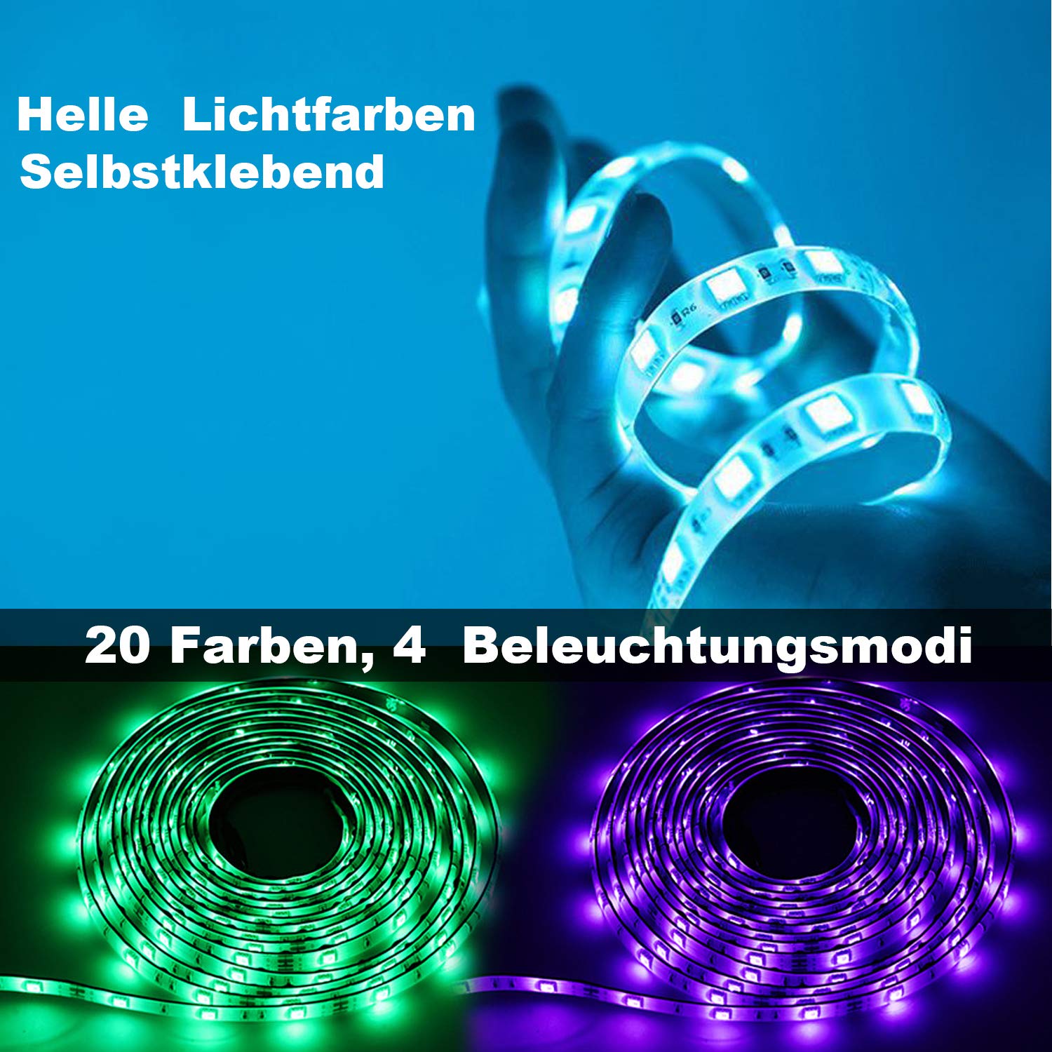 Taśma LED RGB 20 m, 5050 diod LED, z pilotem zdalnego sterowania, 20 zmieniających się kolorów, 8 trybów, samoprzylepna, listwa LED do wnętrz, sypialni, na Halloween, Boże Narodzenie