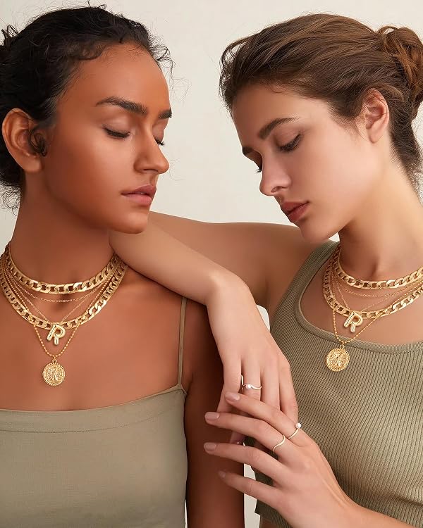 MJartoria Gold Layered Necklaces for Women Trendy Balloon Initial Pendant Necklace Dainty Chunky Chain Choker Necklaces Jewelry Birthday Gifts (R, Gold) by MJartoria - Used condition - Image 7