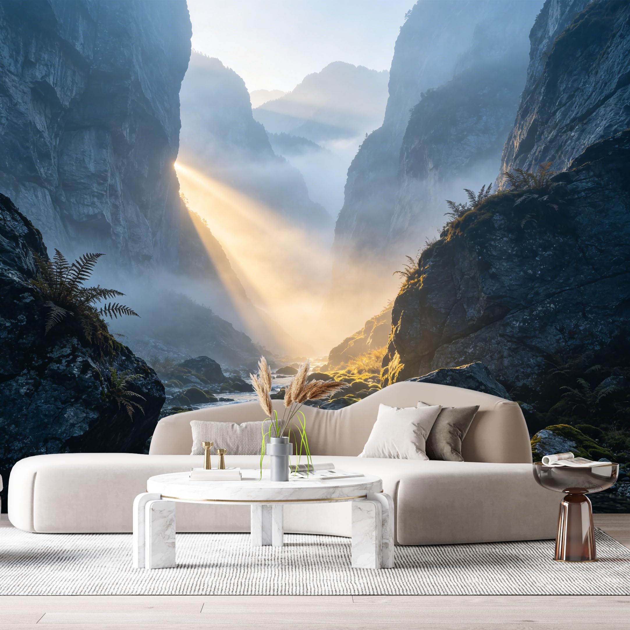 Custom Size Wall Murals Misty Canyon Landscape Mountain River Sunrise Light SelfAdhesive Wall Fabric Removable Large Wallpaper for Photo Living Room