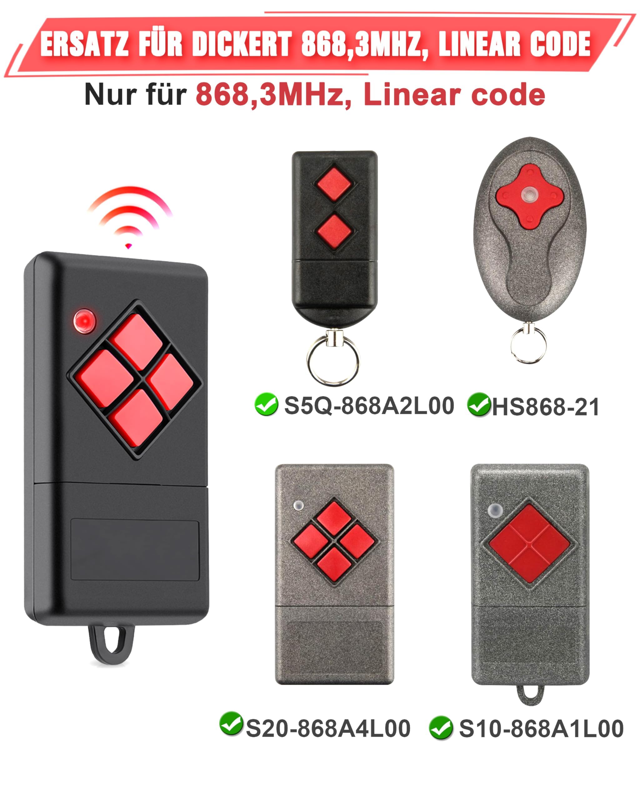 Garagentor Fernbedienung für Dickert S10-868A4L00, 868.3MHz AM Handsender Ersatz für Dickert S10-868A1L00, S20-868A4L00,2 Stück