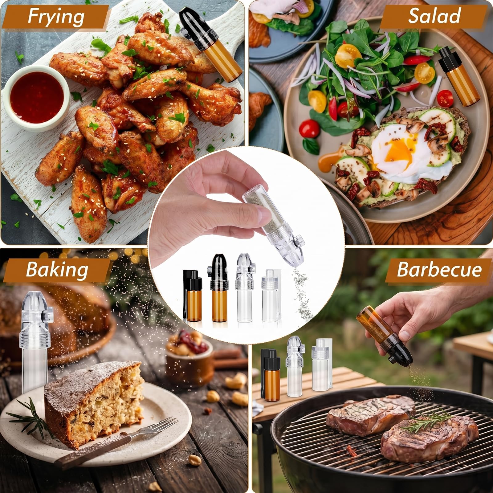 Lot de 4 Distributeurs de Poudre d'Épices avec Cuillère, 2 Bruns et 2 Blancs, Inclus Petit Entonnoir, Flacons de Conservation 51mm et 68mm pour Voyage, Camping et Cuisine