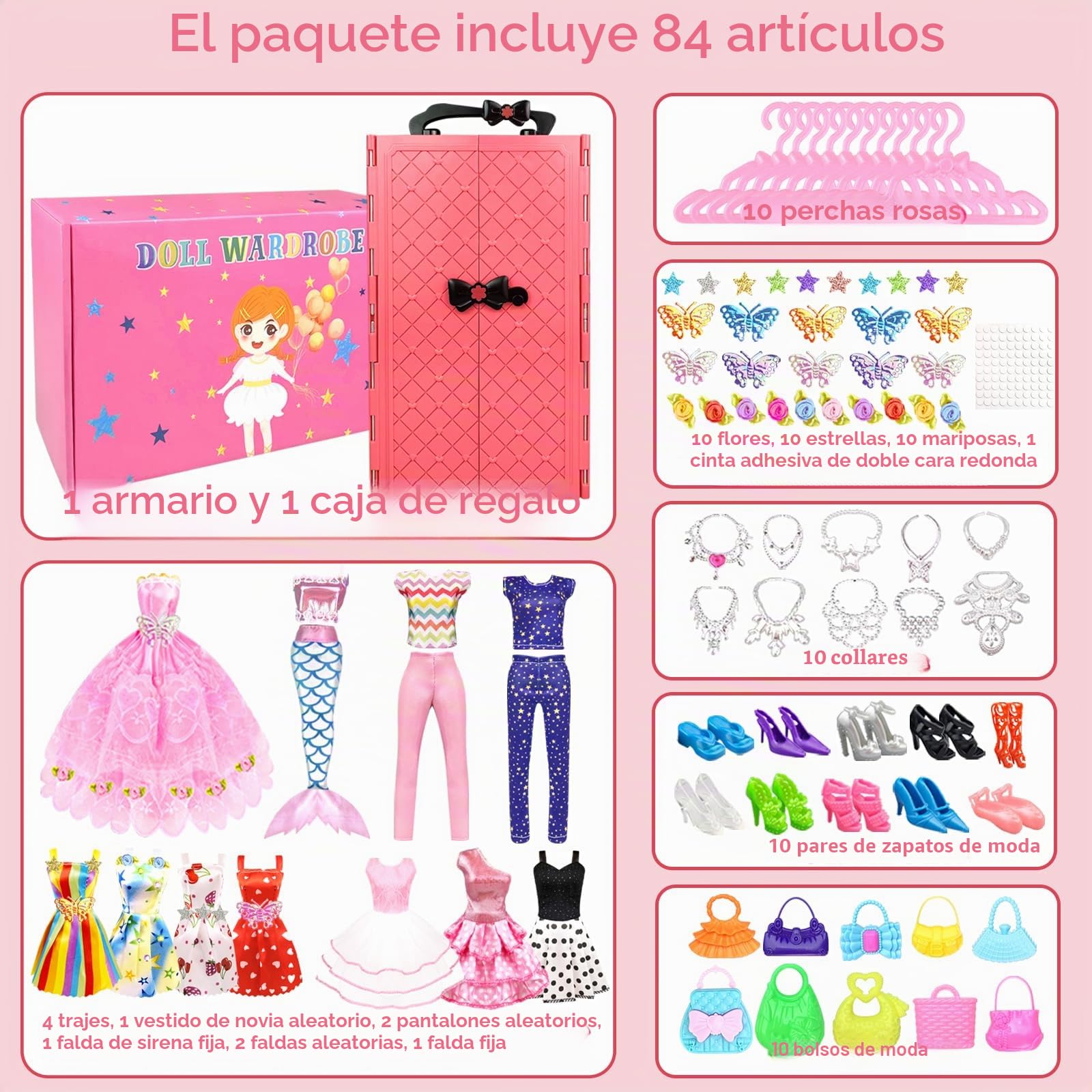 84 Pack Ropa y Accesorios para Muñecas Armario para 11.5 Pulgadas Muñeca de Niñas Que Incluye Vestidos de Novia Tops y Pantalones Zapatos Perchas Collares Juguetes Regalos para Niñas
