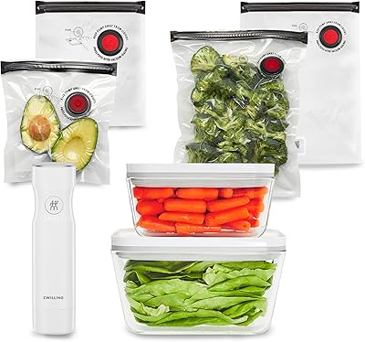 ZWILLING Fresh & Save 7-pc Vacuum Sealer Machine Starter Set, Sous Vide Bags, Meal prep, Airtight Food Storage Containers,...