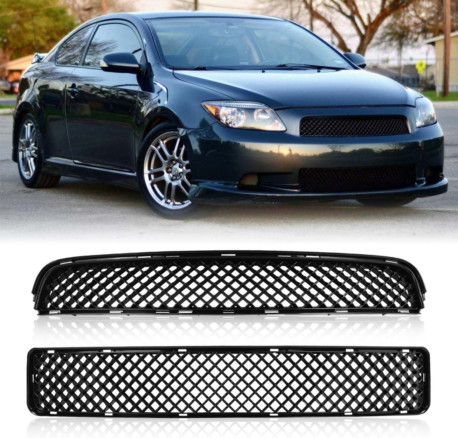 Front Bumper Guard Grille Fit for 2005-2010 Scion Tc Smt10600 Honeycomb Front Air Intake Black Radiator Replacement Guard 2 Pieces Upper and Lower Grill Smt10600