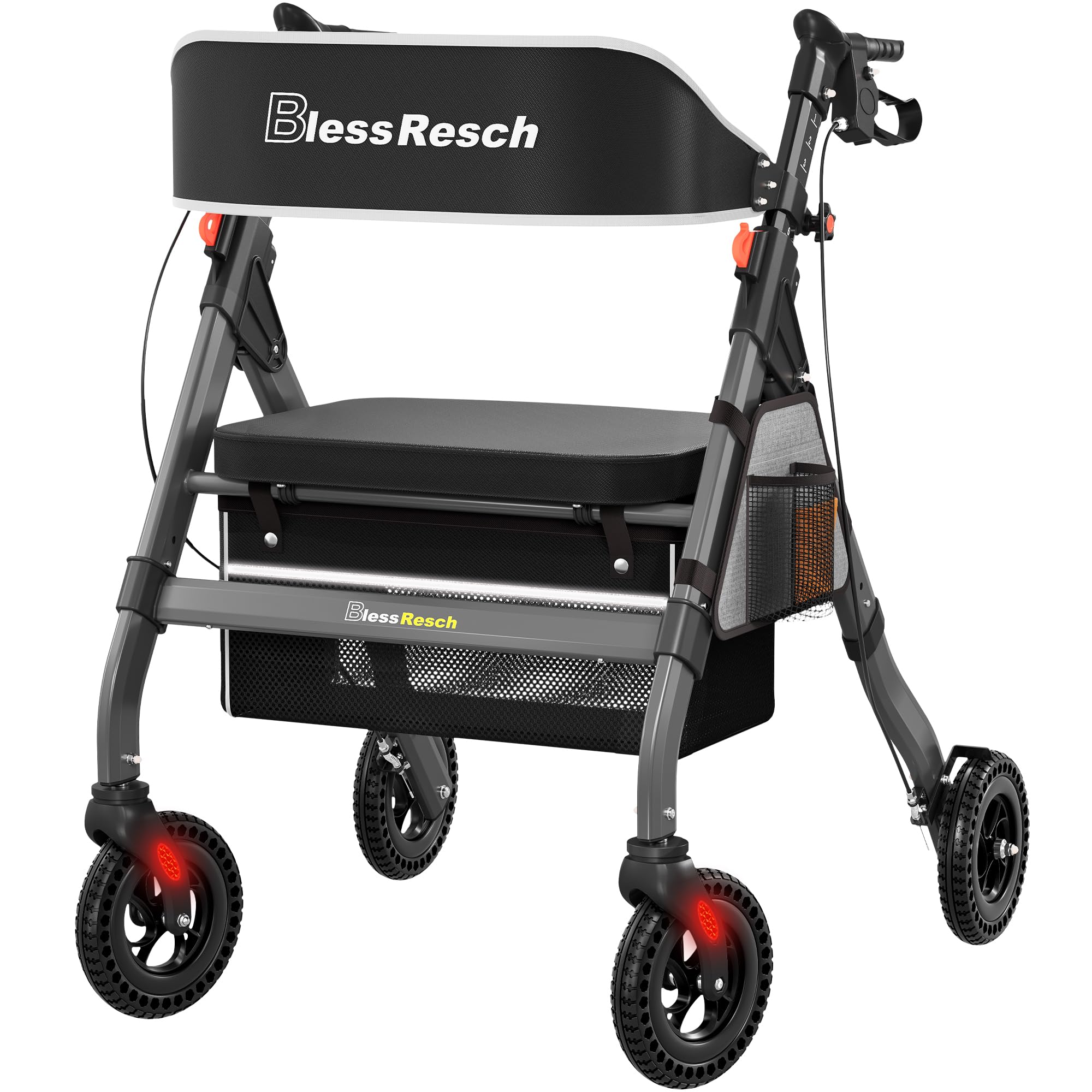 Foldable Rollator Walkers with Seat for Seniors, 450 lb Capacity, 8'' Wheels, 18" Big Seat, 6-Position Height, Heavy-Duty Aluminum Rolling Walker (Gray)