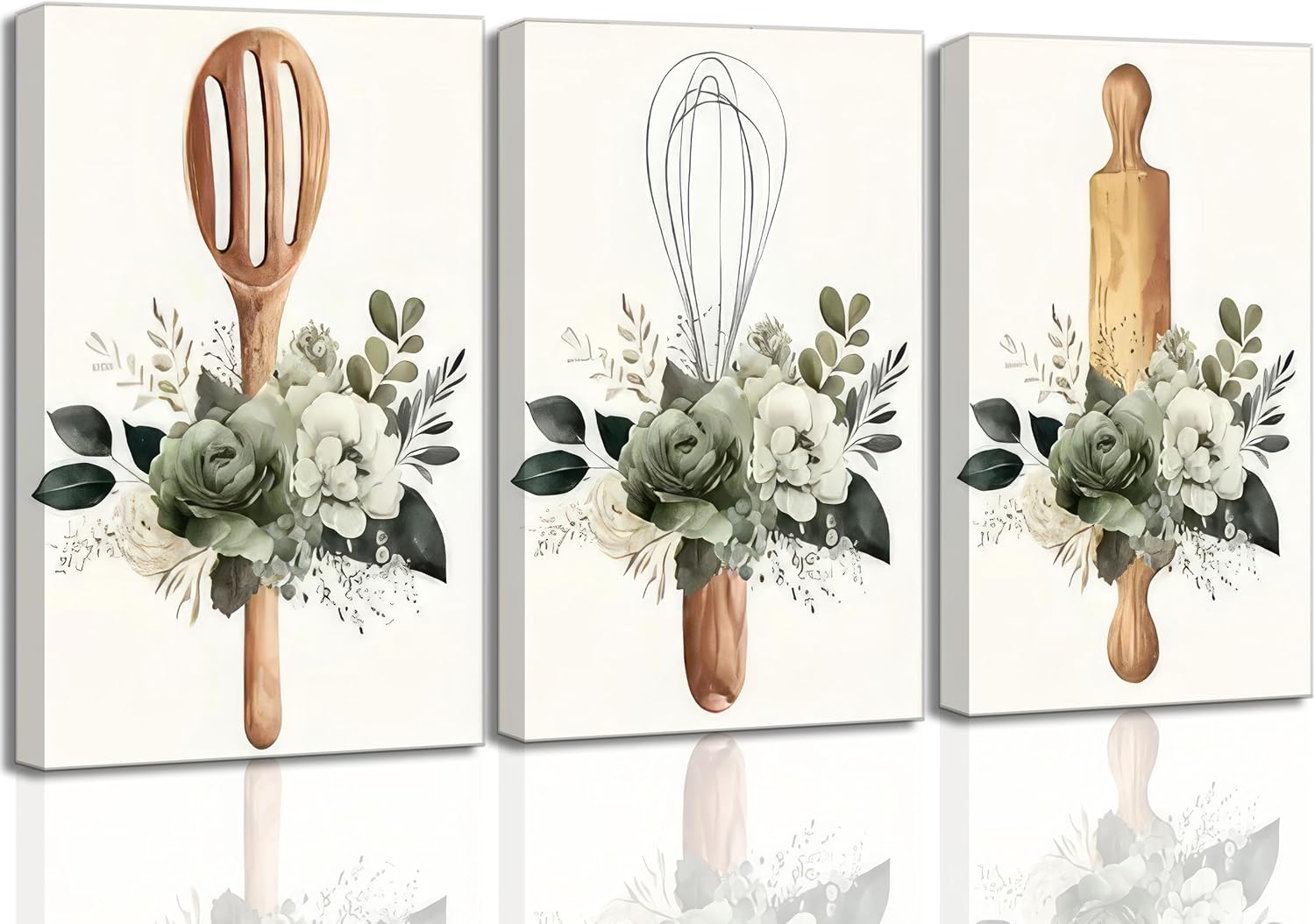 3 Pcs Sage Green Farmhouse Kitchen Canvas Wall Art Minimalist Dining Room plant Flowers Painting Pictures Wall Decor Poster Print Artwork For Dining Room kitchen Home Decoration