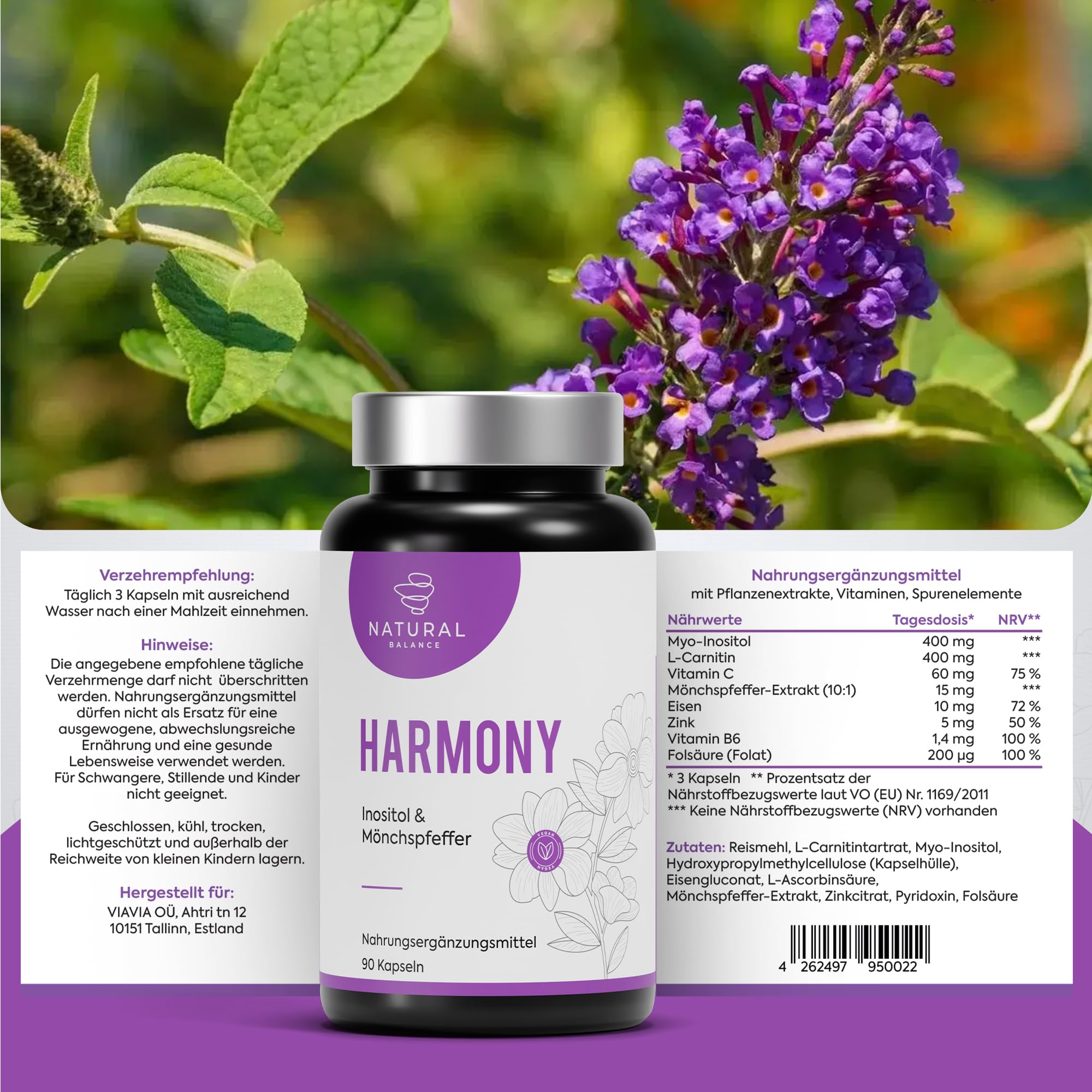 HARMONY - Mönchspfeffer & Myo Inositol hochdosiert für Frauen Balance - 90 vegane Kapseln mit Vitex Agnus Castus, L-Carnitin, Folsäure & Eisen für hormonelle Balance & Wohlbefinden