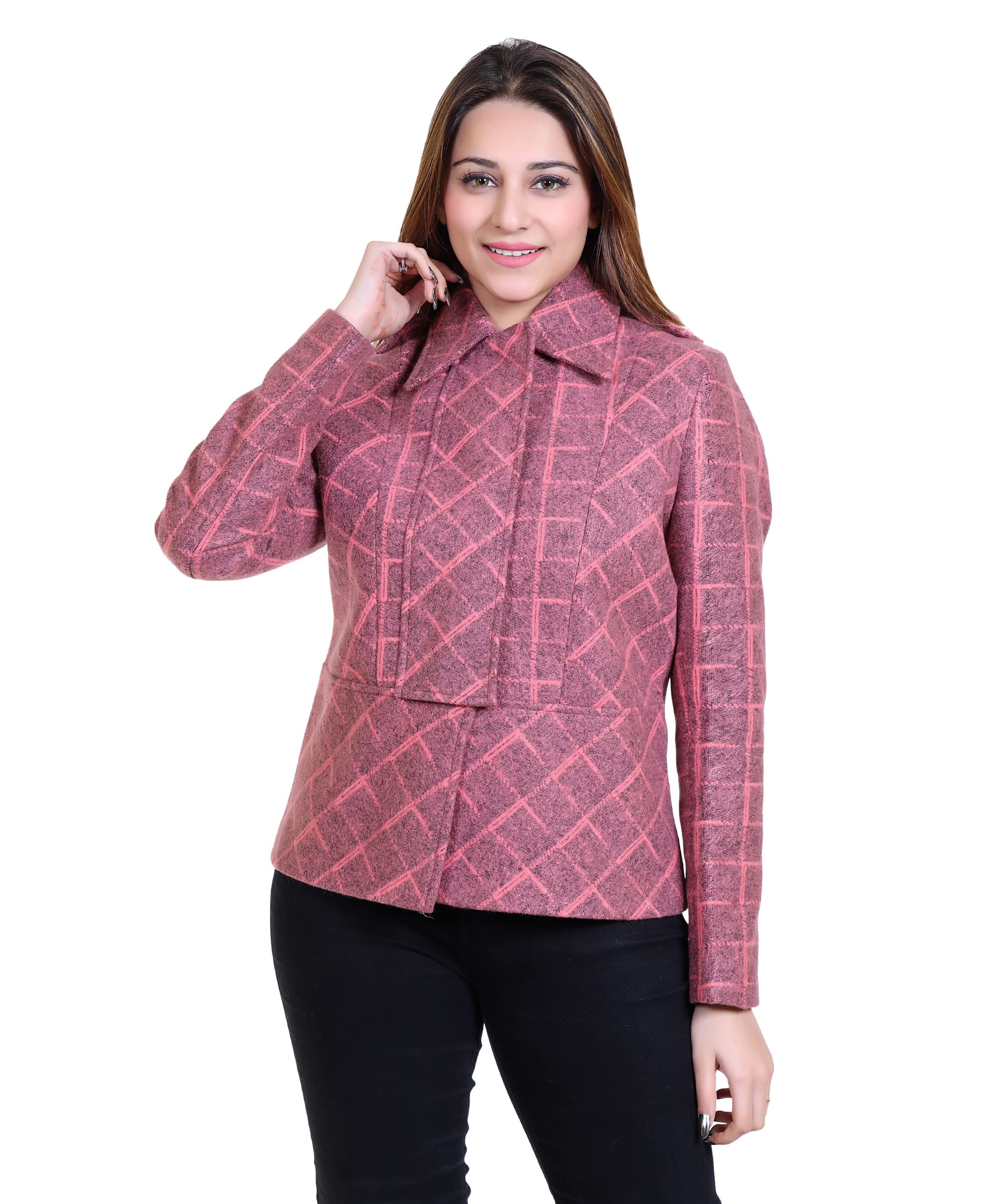 comfy sparrow Women Check Print Designer Short Coat with Stylish Flap-picture-32