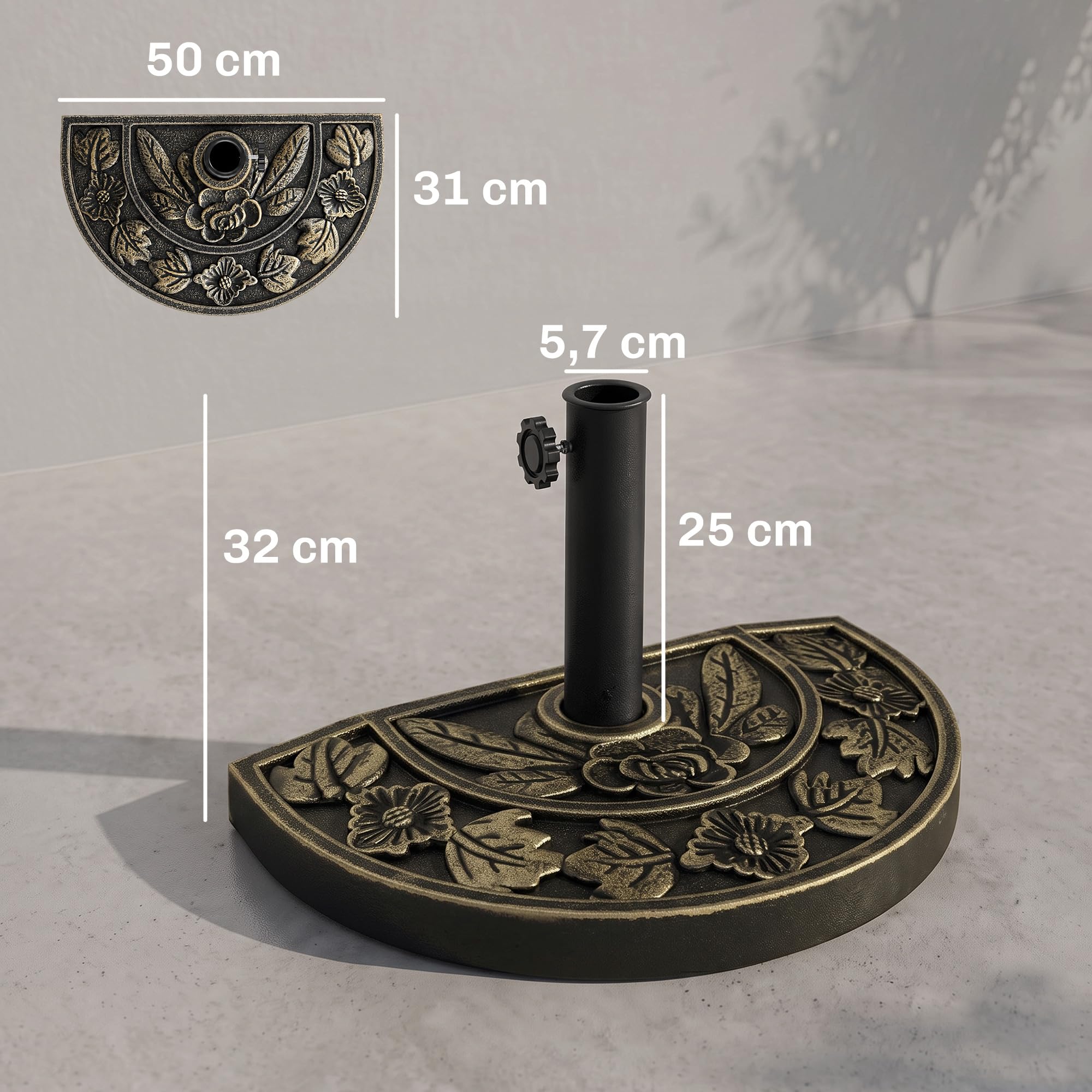 Outsunny Base de Sombrilla Semicírculo Soporte 50x31x32 cm Bronce | Peso 9 kg, para Parasol de Resina, para Poste de Paraguas Ø3,8 cm y Ø4,8 cm, Terraza Patio Jardín Playa