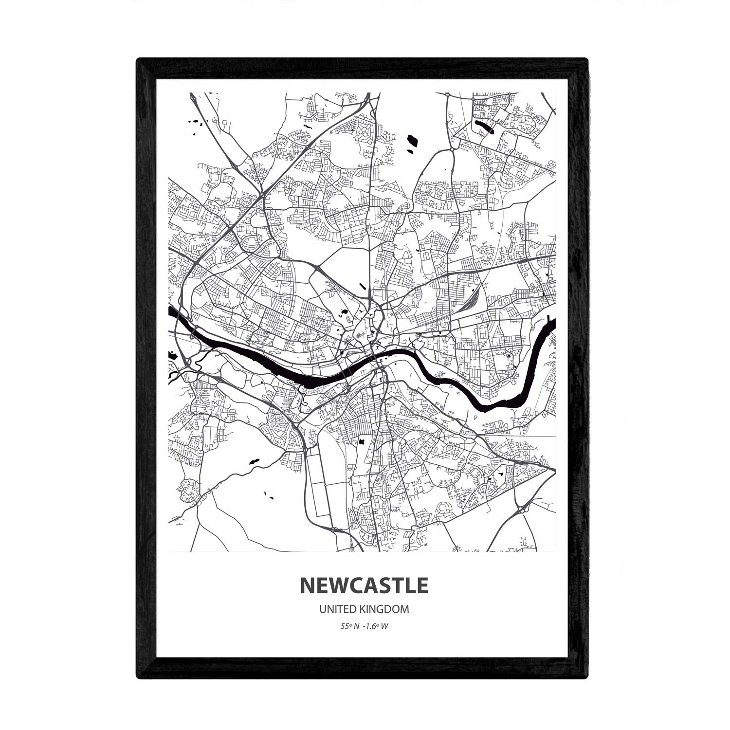 Nacnic Poster with map NEWCASTLE - UK. Sheets cities of UK seas and rivers in black color. A4 size frame