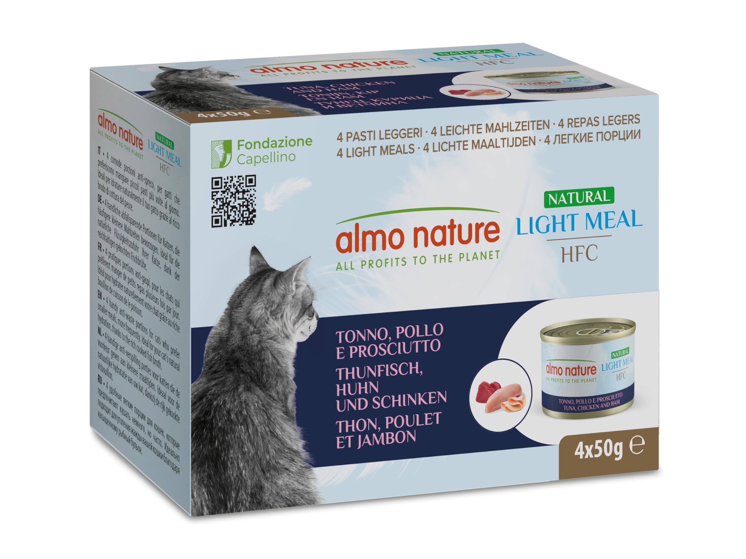 Almo Nature HFC Natural Light Meal - Nassfutter für Katzen - Thunfisch, Huhn & Schinken - Human-Grade, Glutenfrei - 50g, 4er Pack