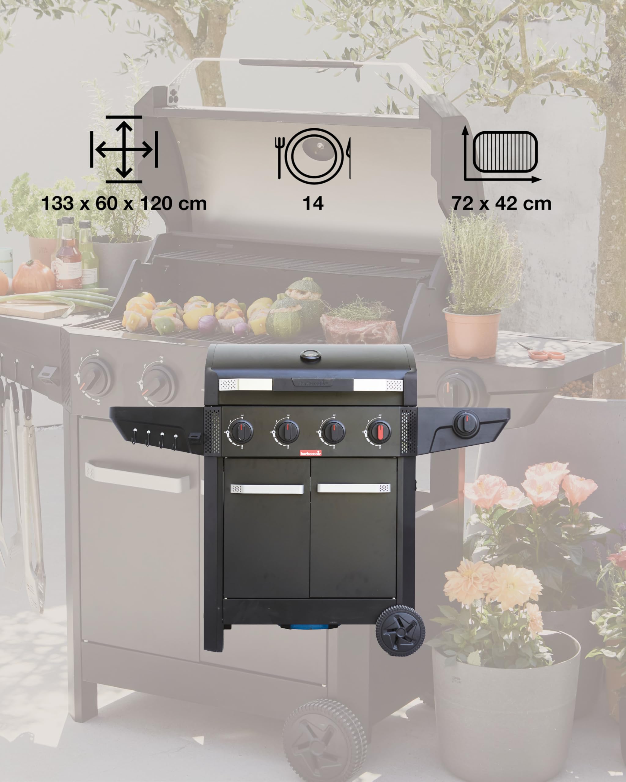 Barbecook grill gazowy Luca 412 z szafką i palnikiem bocznym czarny 145,4 x 60,3 x 112,3 cm