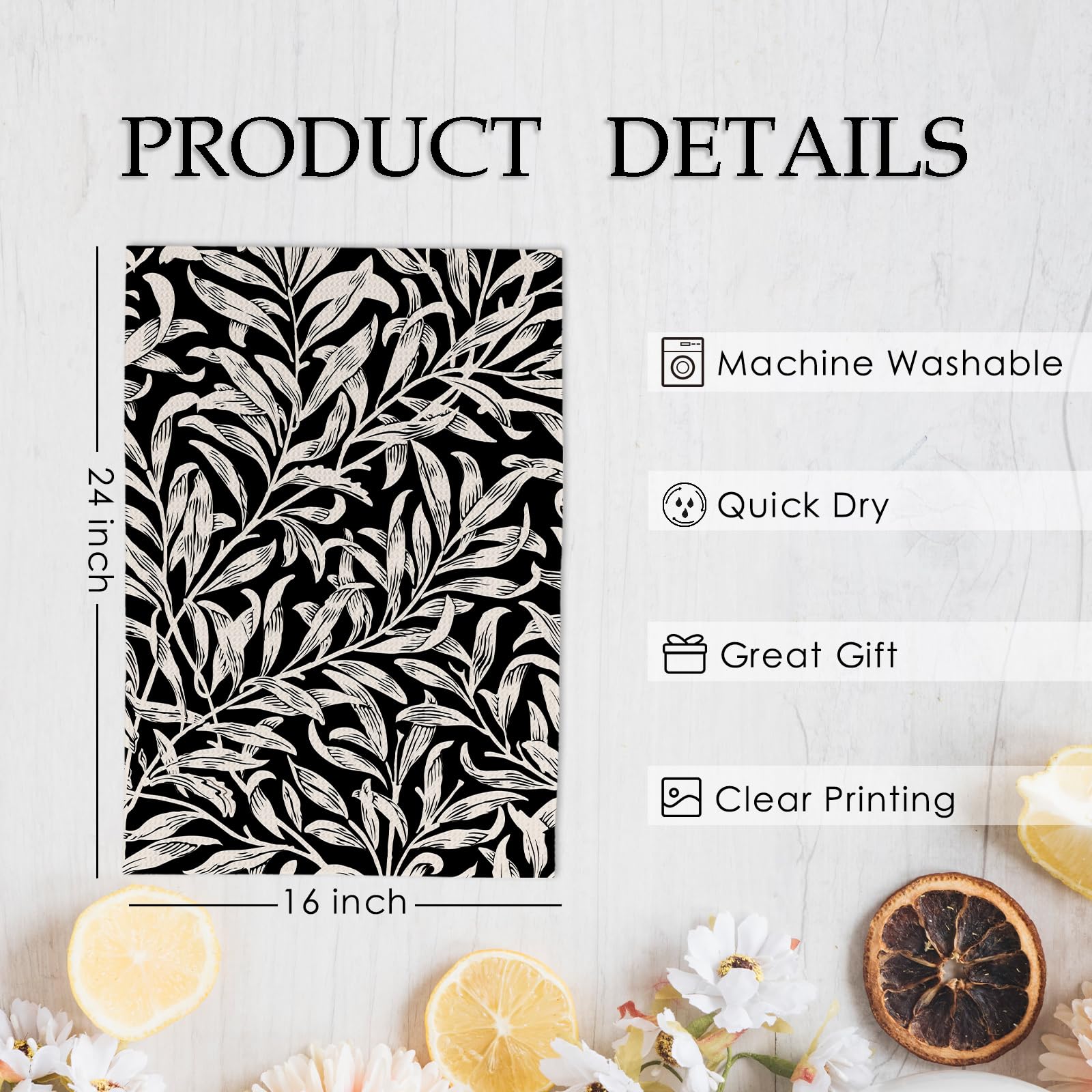 Juego de 2 paños de cocina y paños de cocina con hojas negras y beige, modernos, botánicos negros, hojas de mediados de siglo, paños de cocina decorativos para baño, cocina, 16 x 24 pulgadas