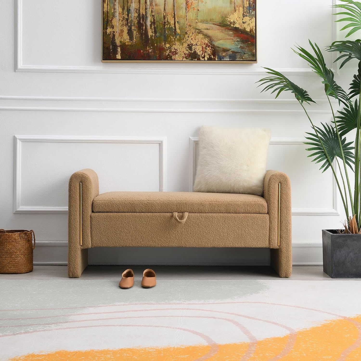 HJGJYWLQ Modern Teddy Storage Bench with the lid open, revealing the internal storage compartment.