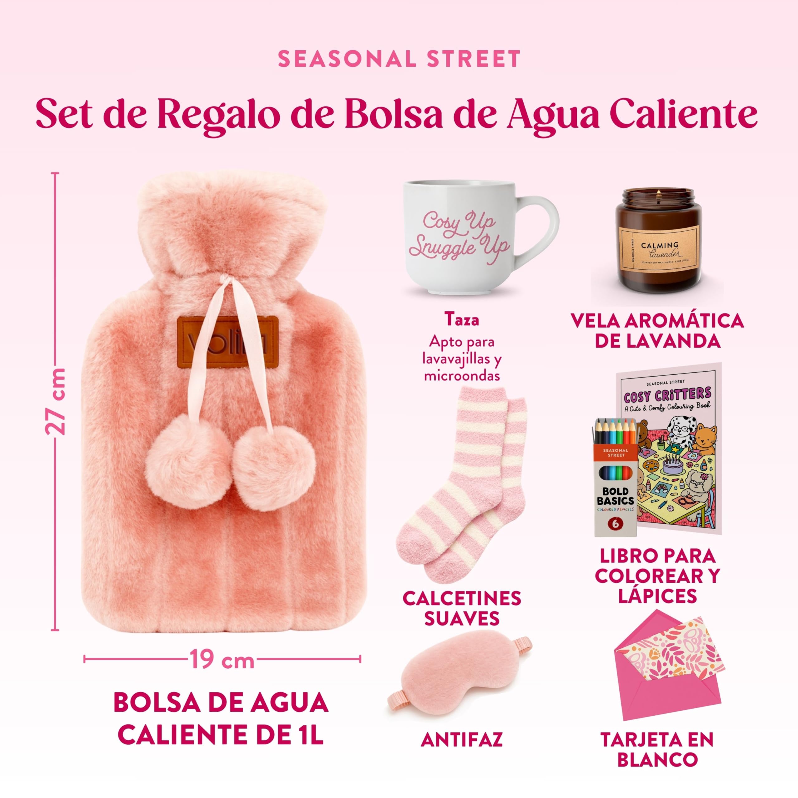 Regalo para Mujer - Set Regalo Mujer con Bolsa de Agua Caliente Rosa, Calcetines de Felpa, Taza, Vela de Lavanda, Máscara para los Ojos y Libro para Colorear con Lápices