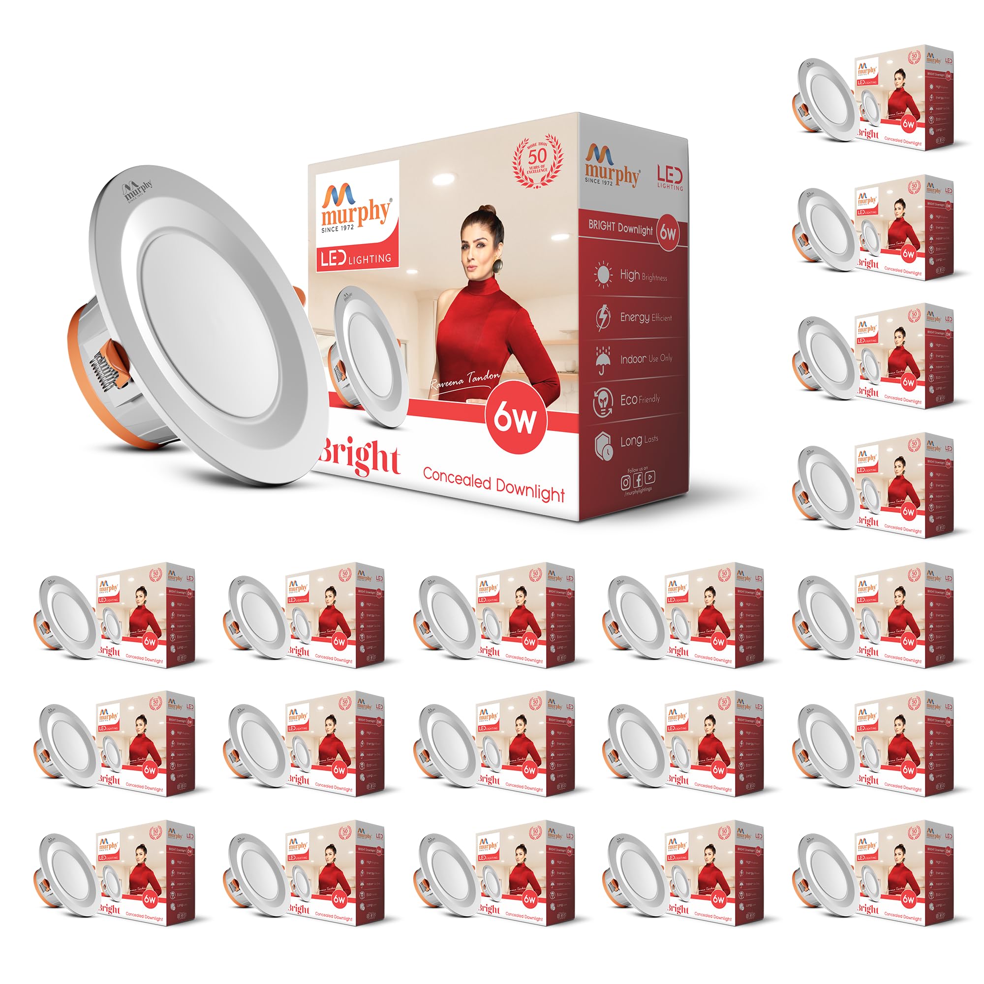 Murphy 6W Bright LED Downlight – Cool White, Slim Round Recessed Ceiling Light, 3-Inch Junction Box Compatible, Anti-Glare Diffuser, Energy Efficient (Pack of 20, 2-Year Warranty)