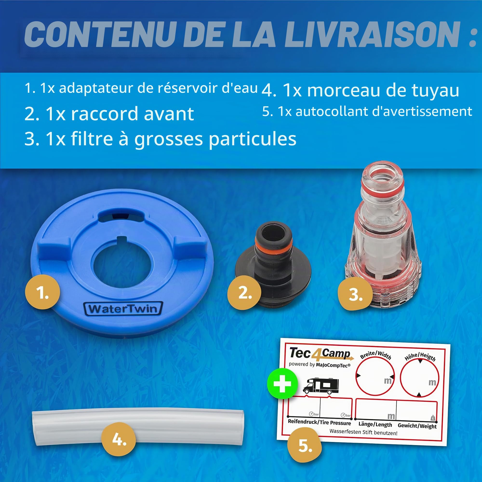 Adaptateur de bouchon de réservoir d’eau avec connexion pour système Gardena | Camping-car, caravane, bateau | Fonction de débordement et double embrayage intégré (adaptateur 3 broches D:78mm)