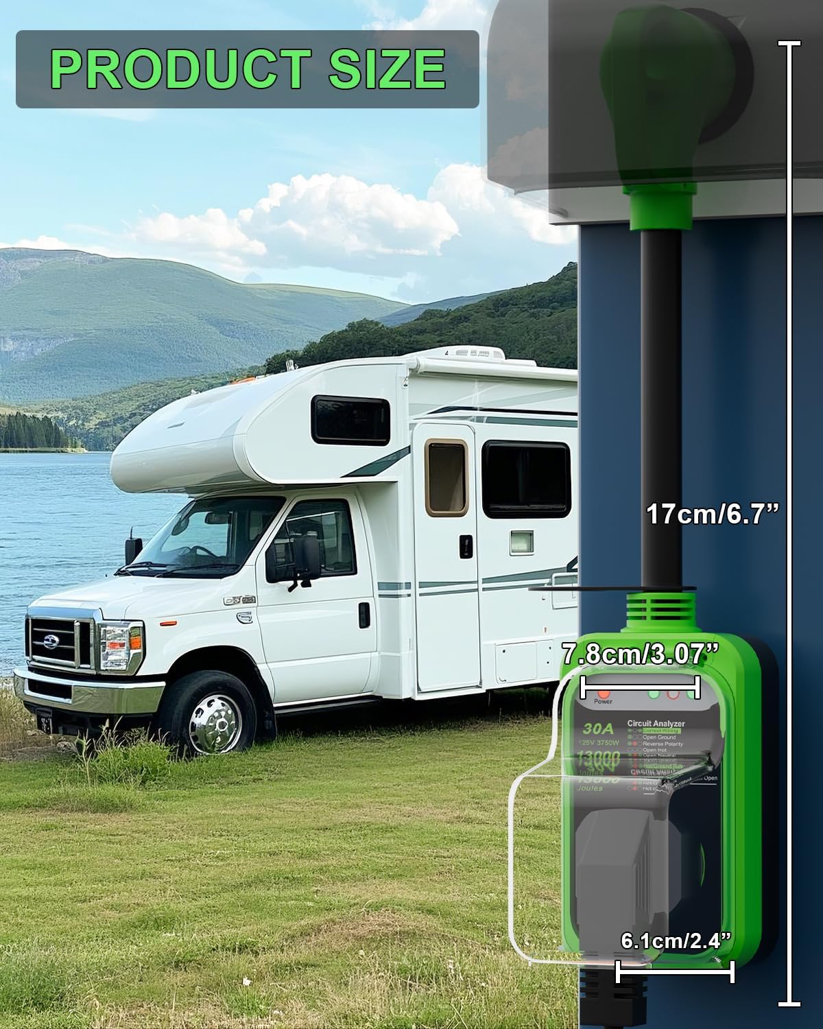 RV Surge Protector 30 Amp, 13000 Joules RV Circuit Analyzer with Waterproof Cover,RV Adapter Plug for Camper Travel Trailerss (30AMP-Green)