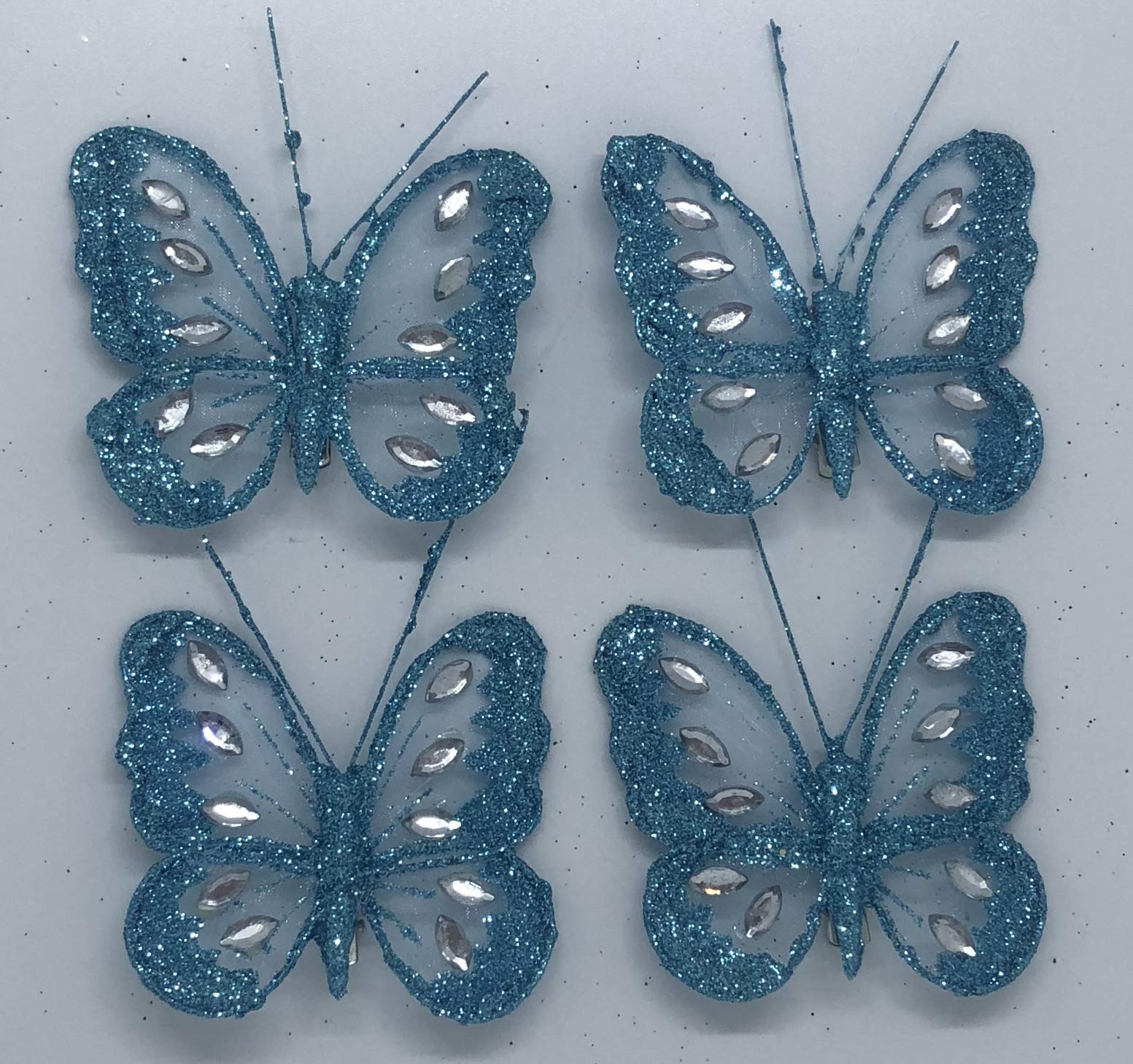 Diamante Glitter Mesh Jewelled Butterfly 3D Decorative Butterflies Wedding Home Party Event Craft Embellishment Festive Stylish Xmas Tree Christmas Decoration Curtain Clip On (4 x Teal)