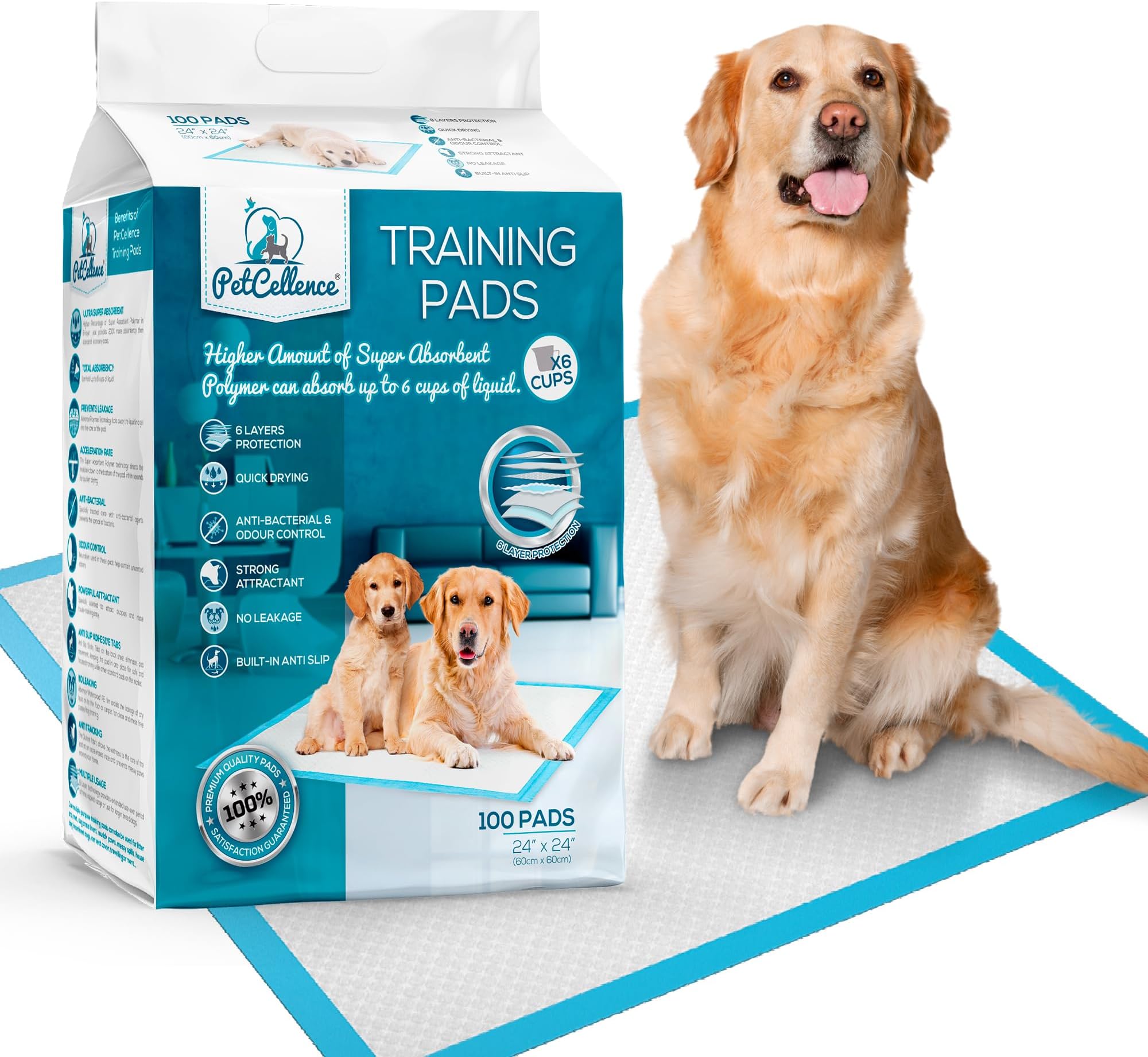 PetCellenceLarge Puppy Pads 100 Count - 24" x 24" Pee Pads for Dogs with Adhesive Sticky Tapes, Ultra Absorbent Dog Pads, Perfect for Incontinent Dogs and Potty Toilet Training