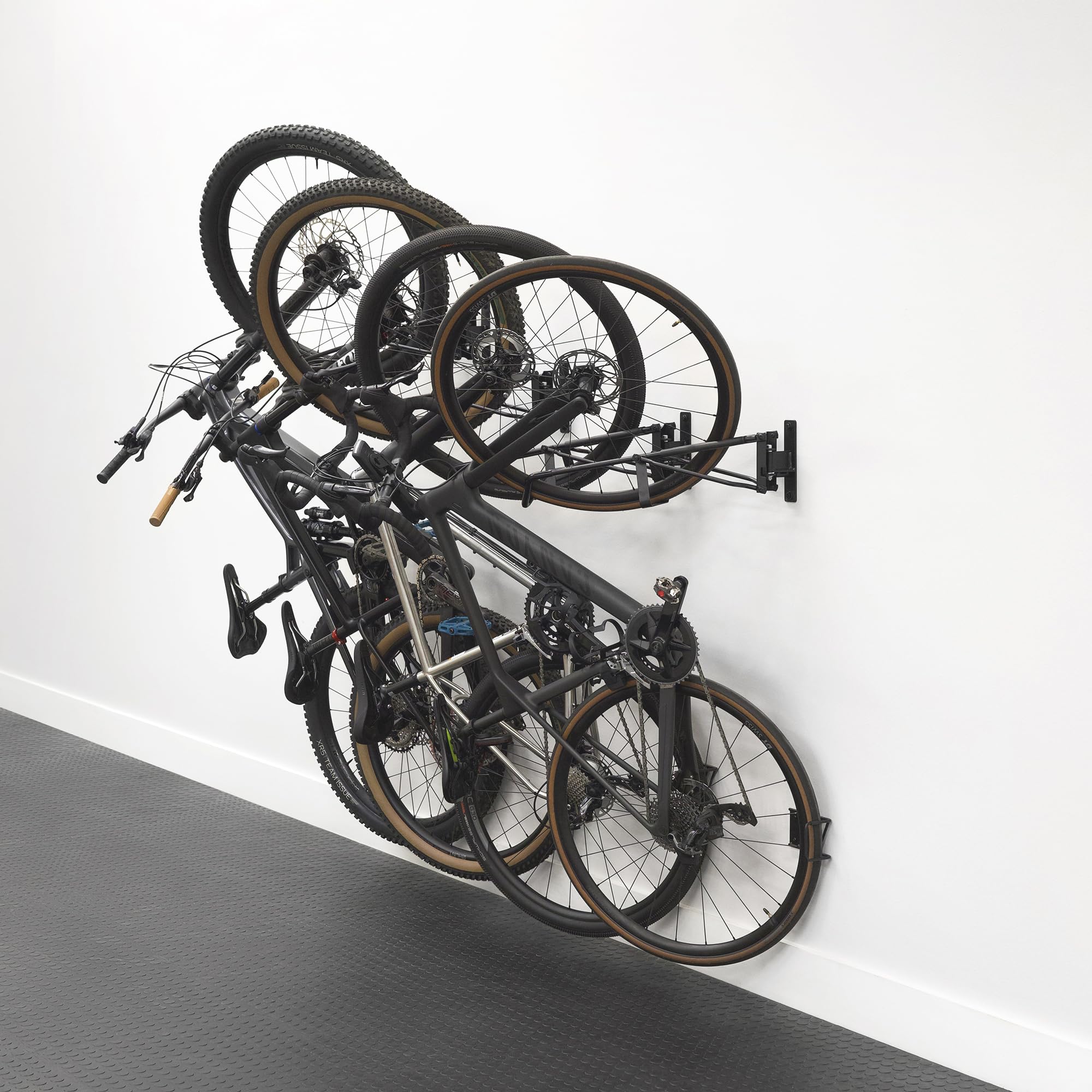 StoreYourBoard SwivelStow Bike Storage Rack 4 Pack, 2 MTB & 2 Road & Gravel Bike Wall Mounts, Heavy Duty Bike Hanger, No-Lift Bike Wall Mount for Garage Bike Storage, Holds 70 lbs, Patent-Pending
