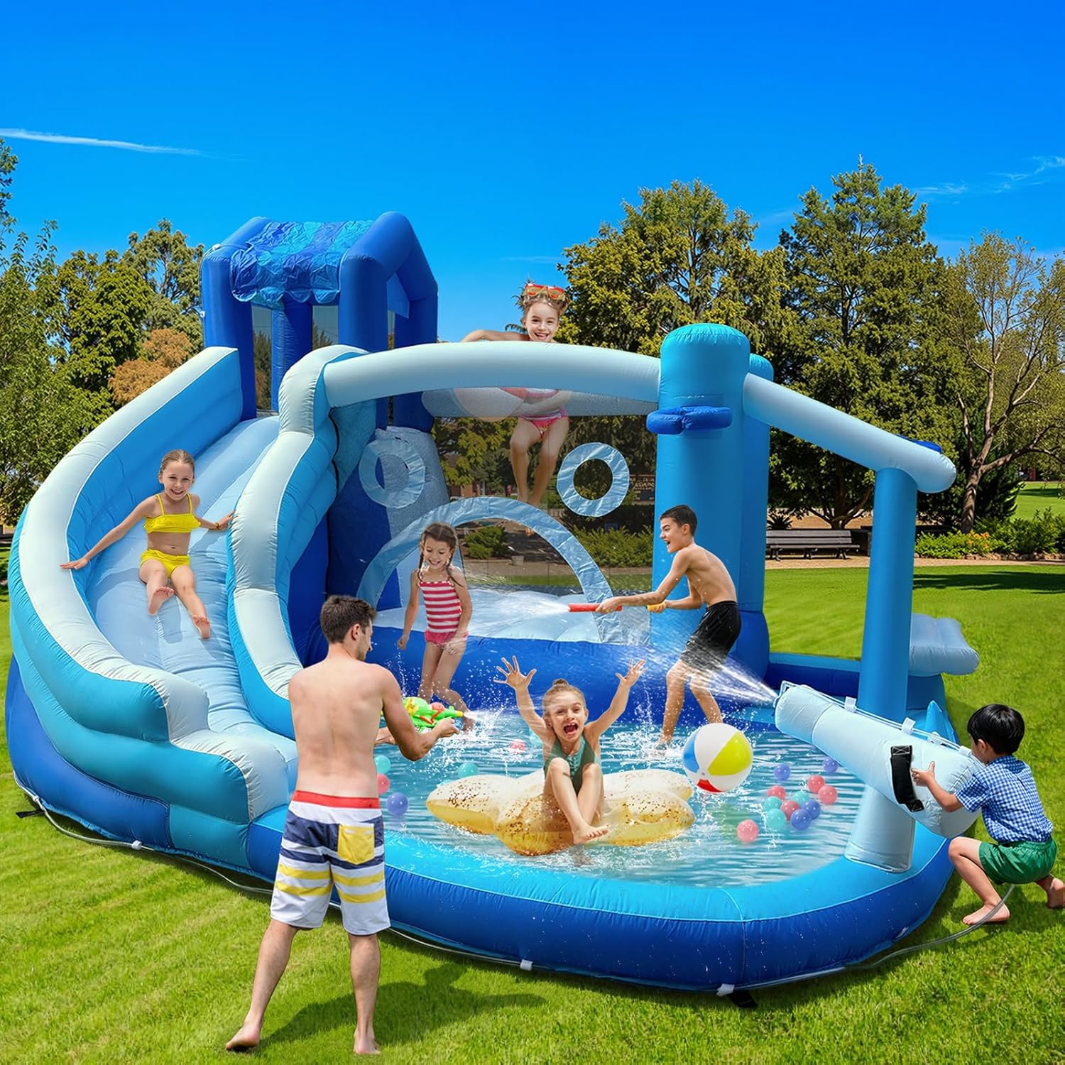Inflatable Bounce House, Water Slide 7in1 Park with Water Cannon, Climbing Wall, Basketball Hood, Sunshade House and Large Splash Pool, Kids Bouncy Blue Castle with Air Blower for Outdoor