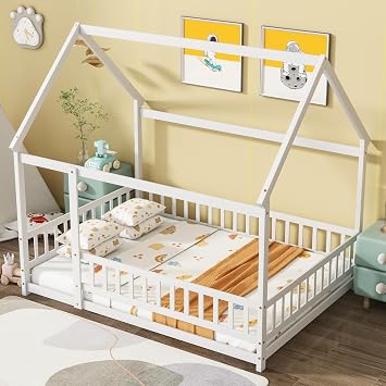Full Size Montessori House Bed Frame, Wood Floor Bed with Fence & Roof, House Shape Bed Frame for Kids, Boys and Girls, White