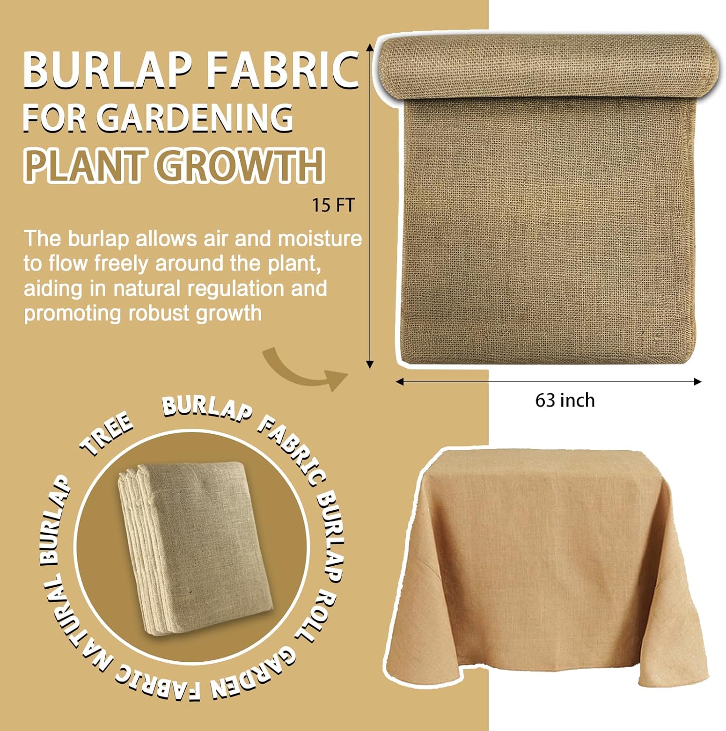 63 Inch x 15 Feet Burlap Fabric Roll, Burlap Tree Wrap, Jute Material for Garden Protection, Plants, Landscape, Outdoor, DIY Crafts, Wedding Decor, Home Projects