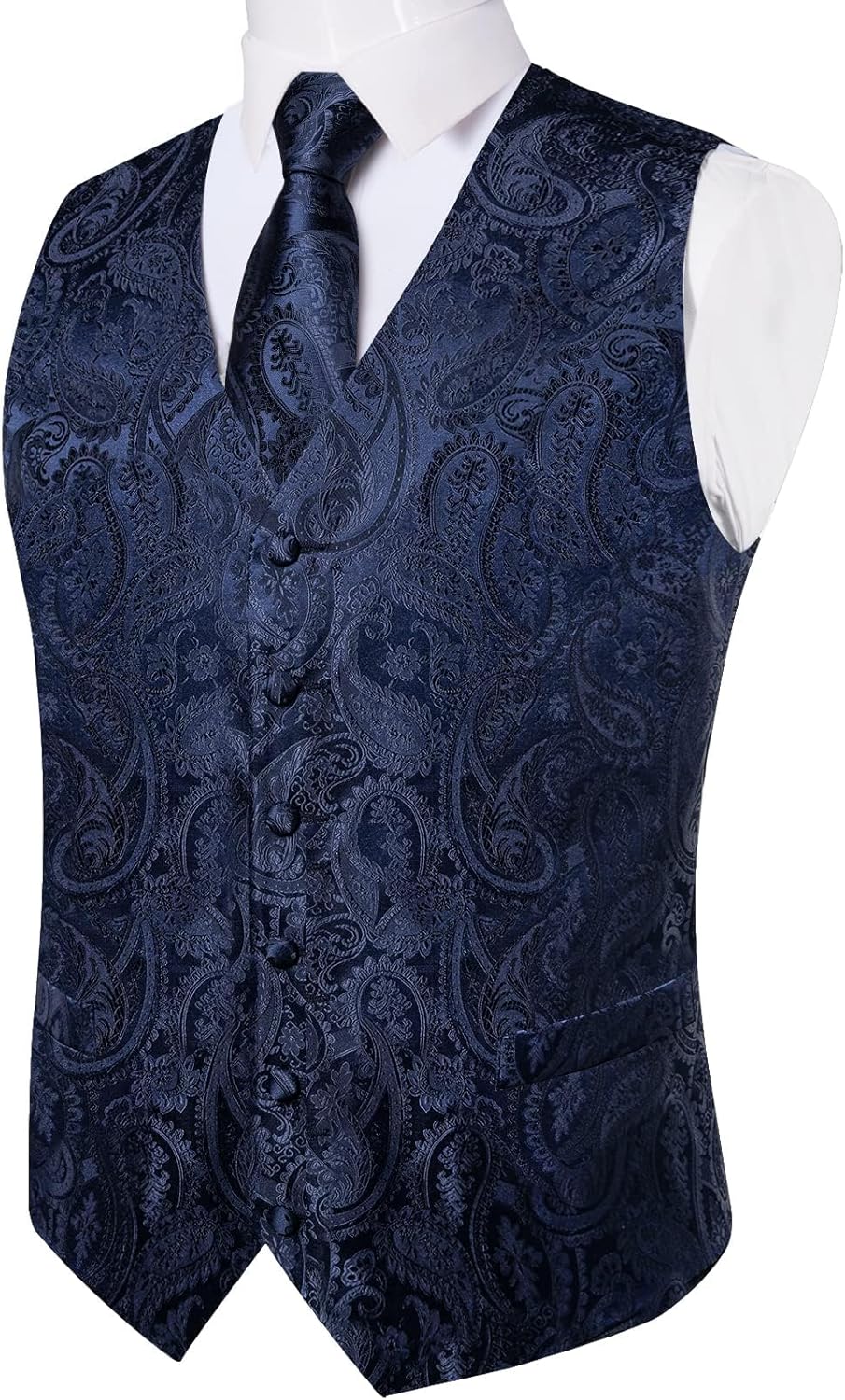 DiBanGu Mens Paisley Vest Tie Set with Lapel Pin Tie Clip 7PCS Silk V-Neck Suit Waistcoat and Necktie for Tuxedo Wedding - Image 3