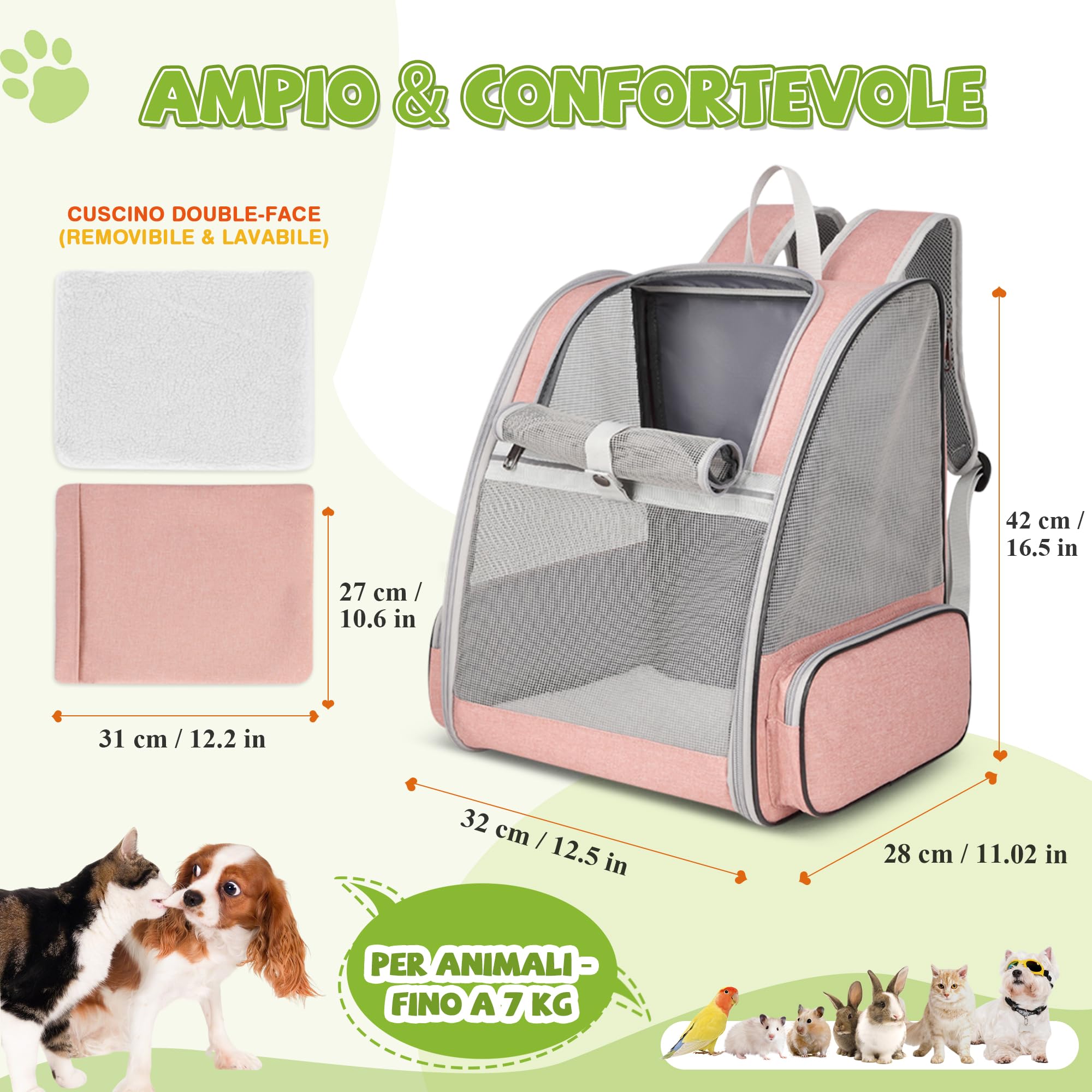 ALLSOPETS Zaino Trasportino per Cani Gatti Zaino per Cani Traspirante Zaino Pieghevole per Gatti e Cuccioli con Cinghie di Sicurezza Ideale per Viaggi Escursioni e All'aperto (Rosa Nebbia)