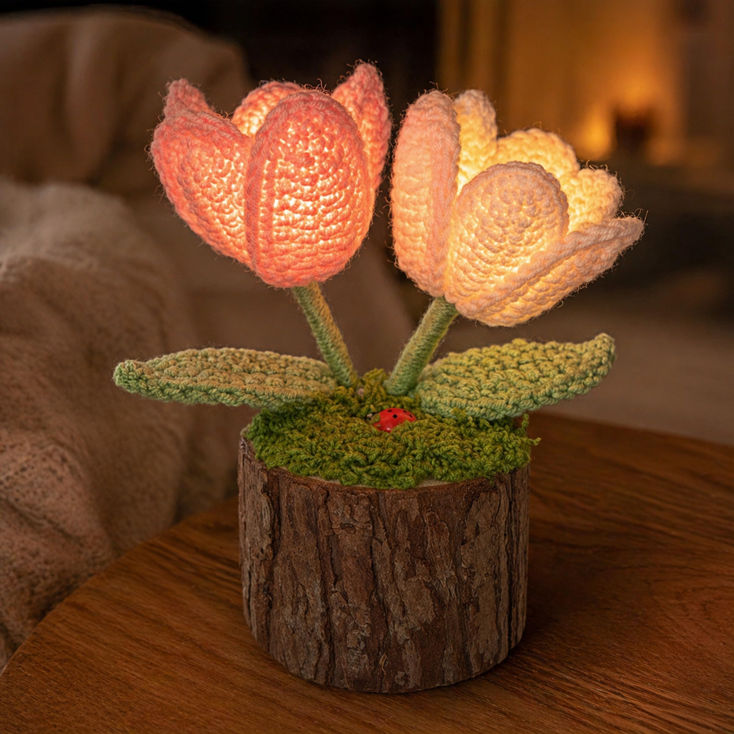 Pink Tulip Crochet Flower Lamp 3-Mode Lighted Potted Night Light Wood Base