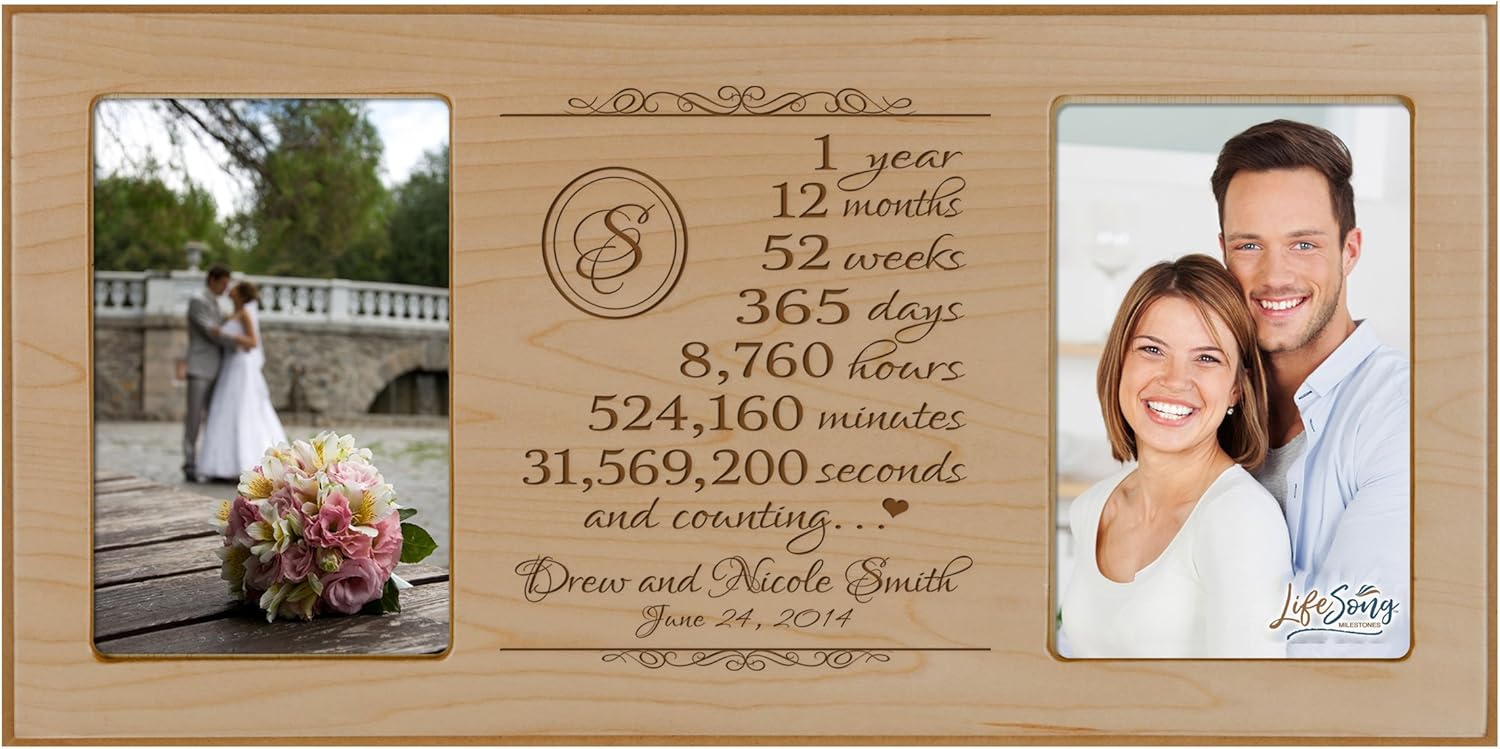 LifeSong Milestones Personalized one Year her him Couple Custom Engraved Wedding Celebration for Husband Wife Girlfriend Boyfriend Photo Frame Holds Two 4x6 Photos (Cherry)