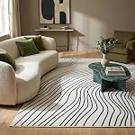 Rug Branch Nami Abstract Line Washable Area Rug 4' x 6' White & Black | Contemporary Area Rug, Stain-Resistant Low Pile Carpet for Living Room, Bedroom, Dining Room, Kitchen & Home Office